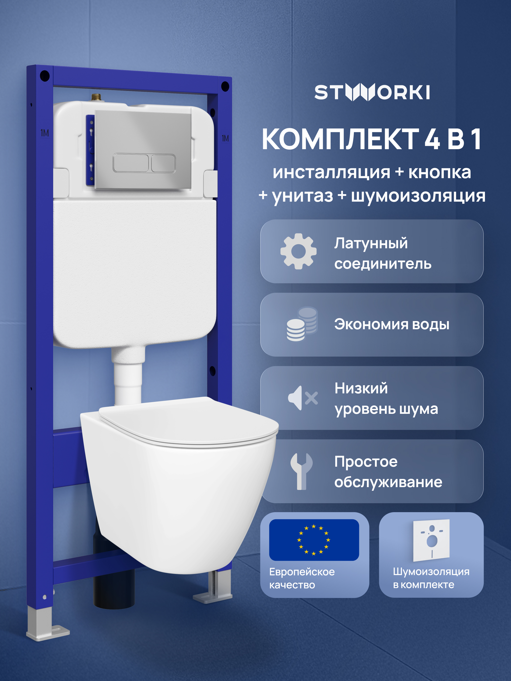 Комплект 4 в 1: Инсталляция STWORKI Кронборг S28500CR + Унитаз подвесной STWORKI Готланд S13401WH безободковый, с микролифтом, глянцевый белый, антивсплеск + Комплект шумоизоляции + Кнопка хром
