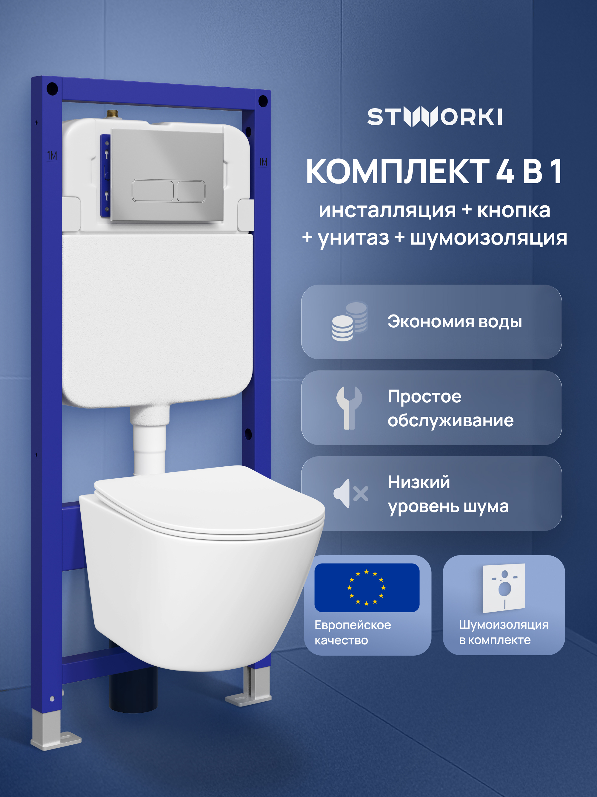 Комплект 4 в 1: Инсталляция STWORKI Кронборг S28500CR + Унитаз подвесной STWORKI Левангер S07401WH безободковый, с микролифтом, глянцевый белый, антивсплеск + Комплект шумоизоляции + Кнопка хром