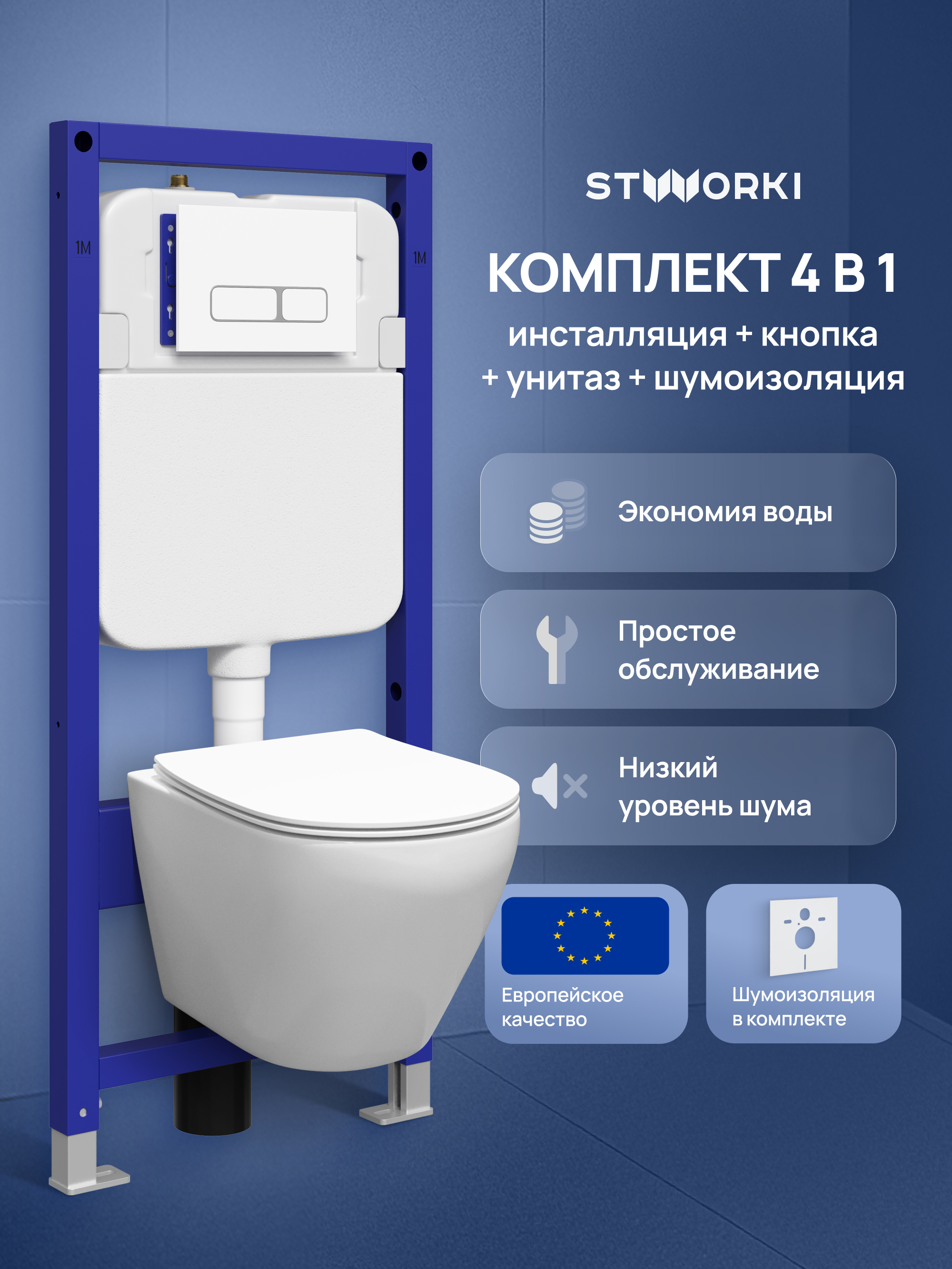 Комплект 4 в 1: Инсталляция STWORKI Кронборг S28500WH + Унитаз подвесной STWORKI Кронборг S28401WH безободковый, с микролифтом, глянцевый белый, антивсплеск + Комплект шумоизоляции + Кнопка глянцевая белая