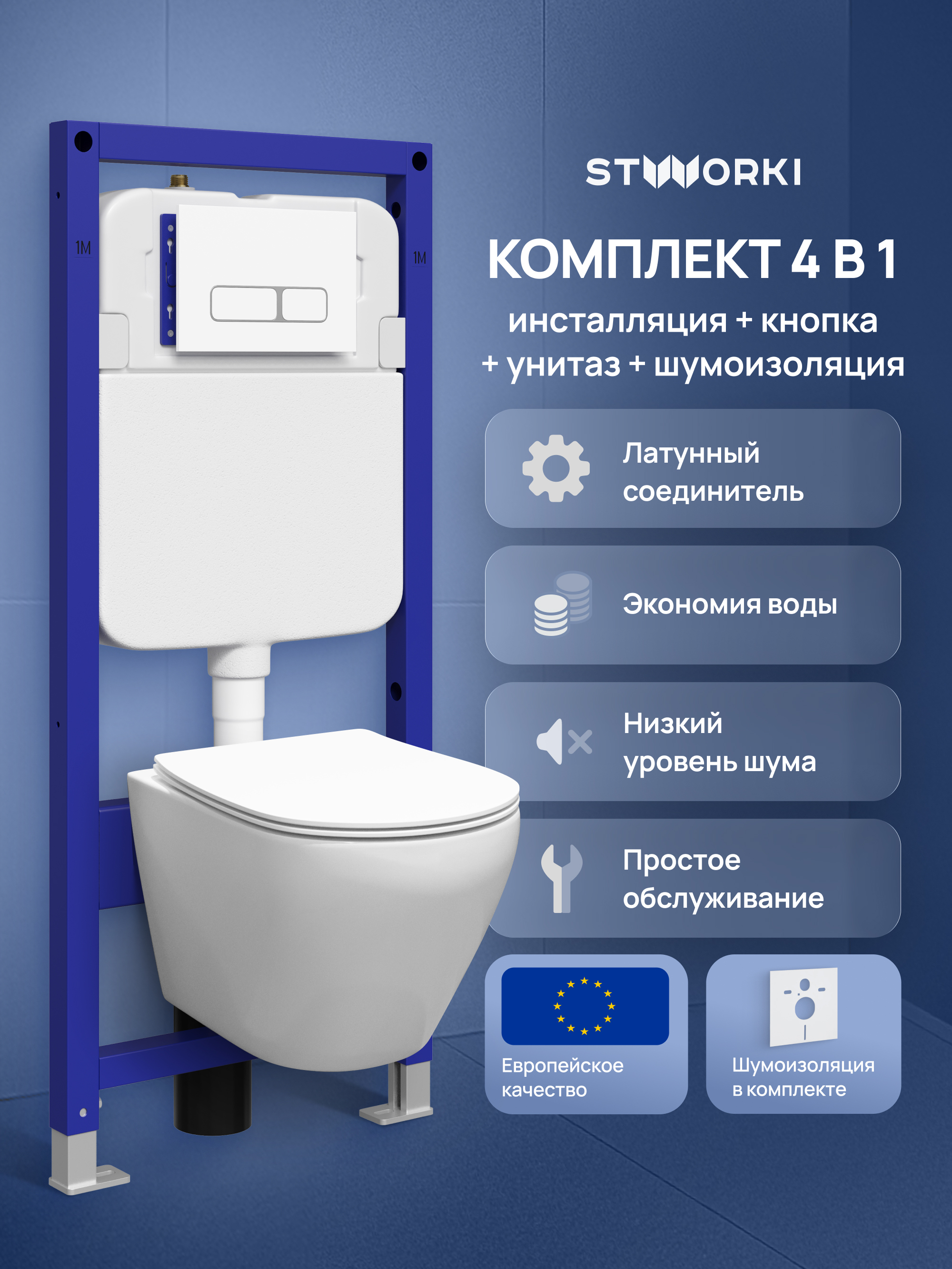 Комплект 4 в 1: Инсталляция STWORKI Кронборг S28500WH + Унитаз подвесной STWORKI Кронборг S28401WH безободковый, с микролифтом, глянцевый белый, антивсплеск + Комплект шумоизоляции + Кнопка глянцевая белая