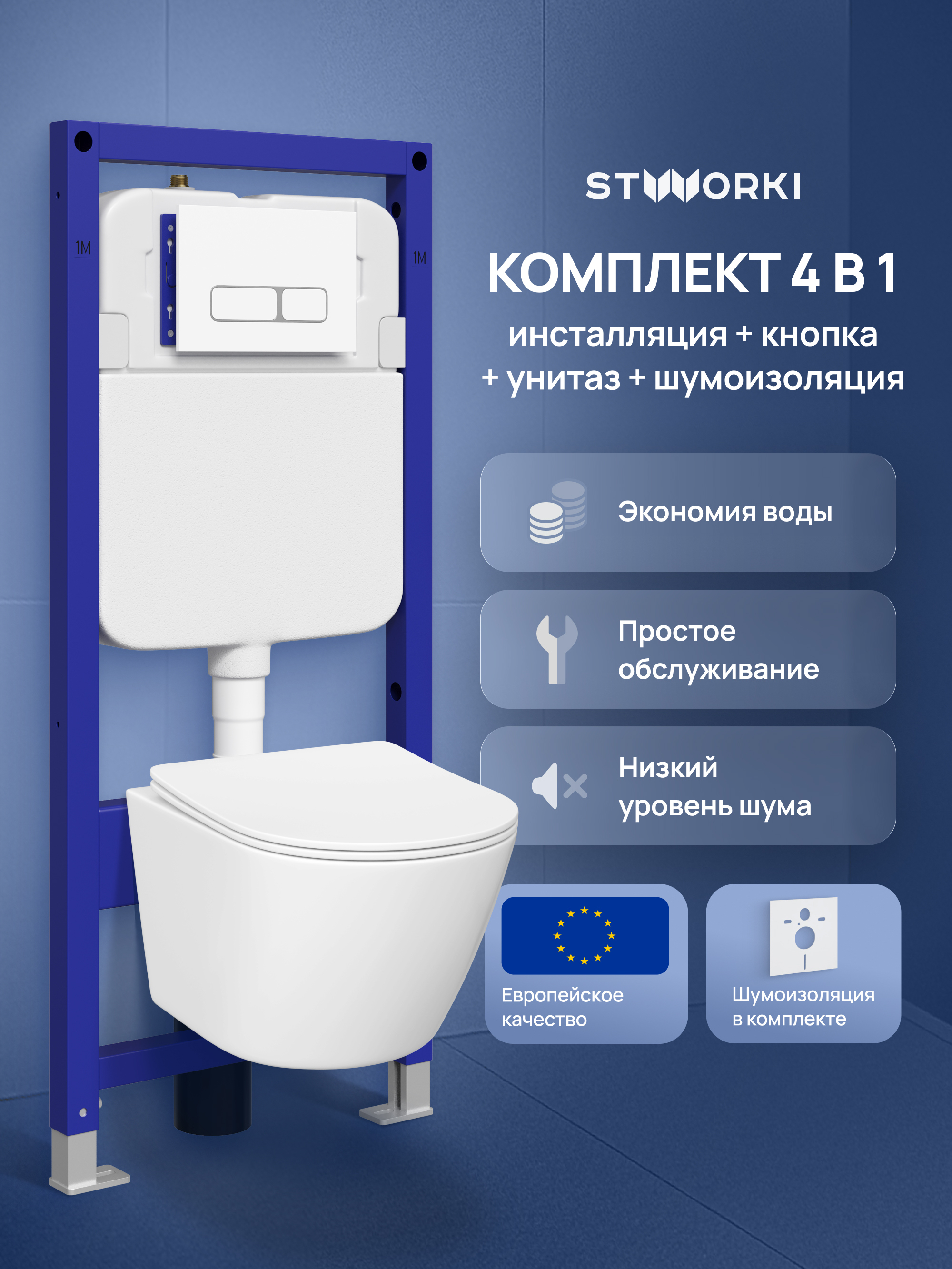 Комплект 4 в 1: Инсталляция STWORKI Кронборг S28500WH + Унитаз подвесной STWORKI Левангер S07401WH безободковый, с микролифтом, глянцевый белый, антивсплеск + Комплект шумоизоляции + Кнопка глянцевая белая