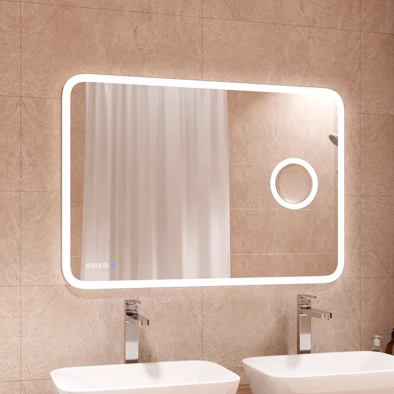 Зеркало CONTINENT Bliss ЗЛП256 100x70 с сенсором, увеличительным зеркалом, часами и холодной подсветкой