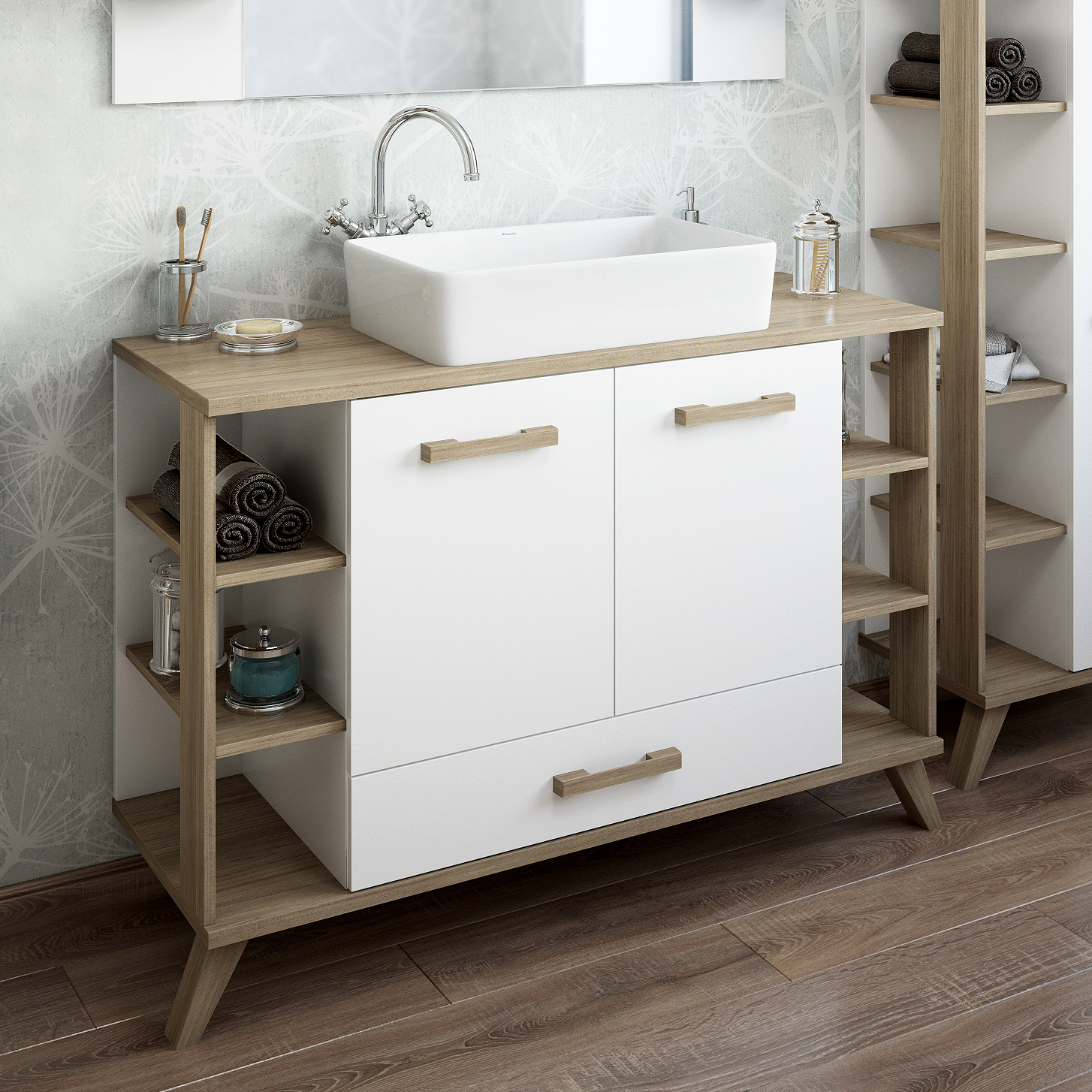 Тумба под раковину со столешницей Sanflor Ингрид 120, белый матовый, швейцарский вяз