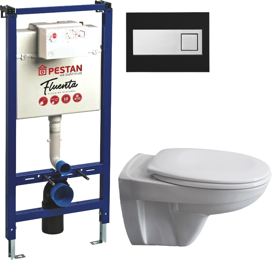 Комплект 3 в 1 Унитаз подвесной Pestan Fluenta Basic 40006460 + Инсталляция 40006356 + Кнопка Diamond 40006366 цвет матовый черный