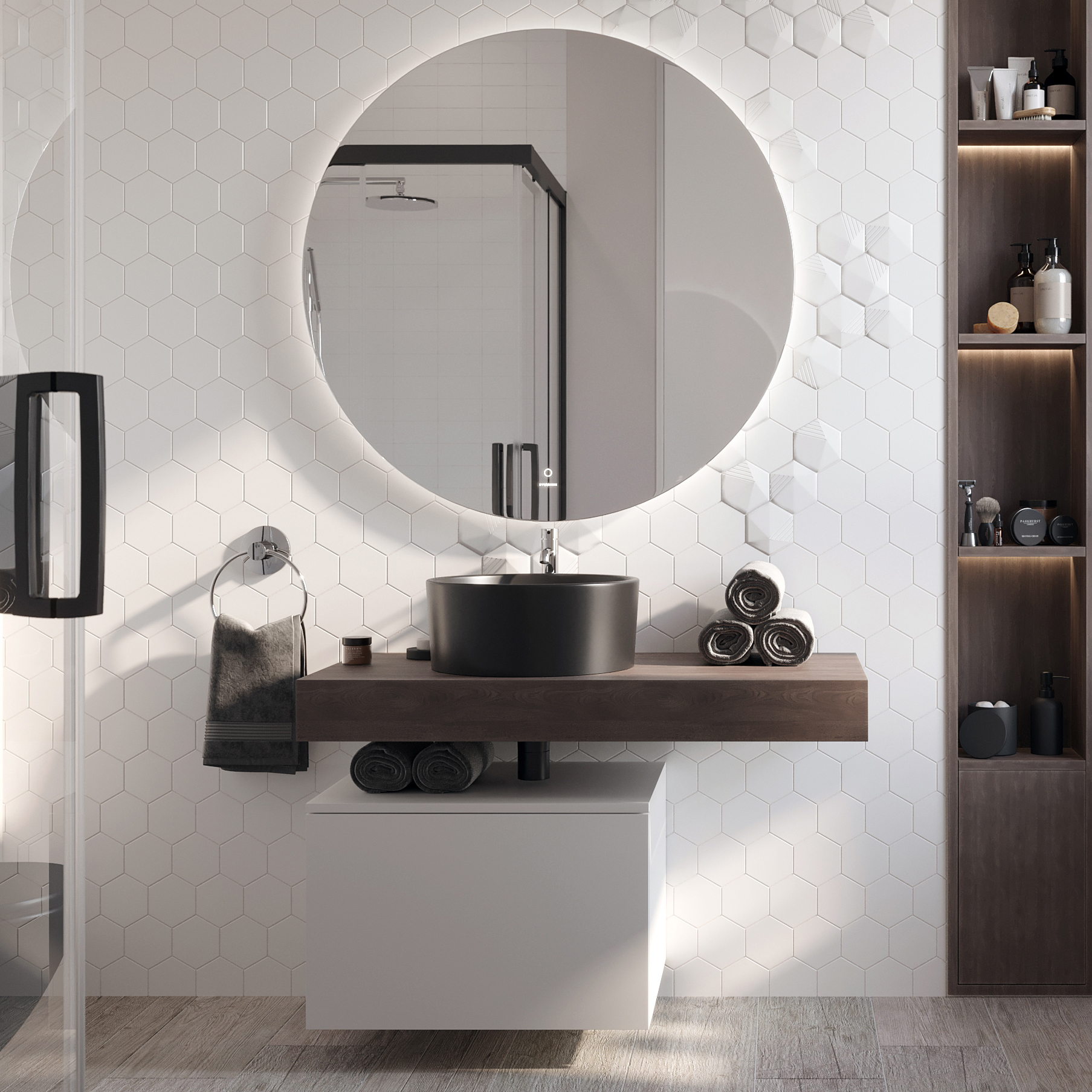 Мебель для ванной комнаты STWORKI Ольборг 100 столешница дуб карпентер, без отверстий, с тумбой 60, черной раковиной