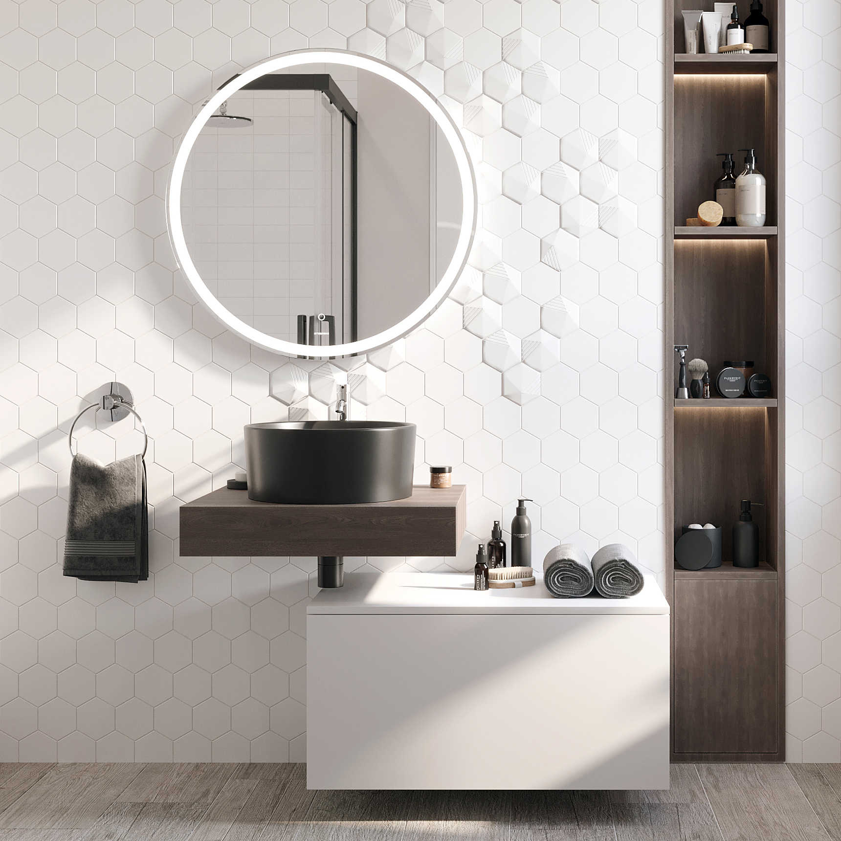 Мебель для ванной комнаты STWORKI Ольборг 60 столешница дуб карпентер, без отверстий, с тумбой 80 и черной раковиной