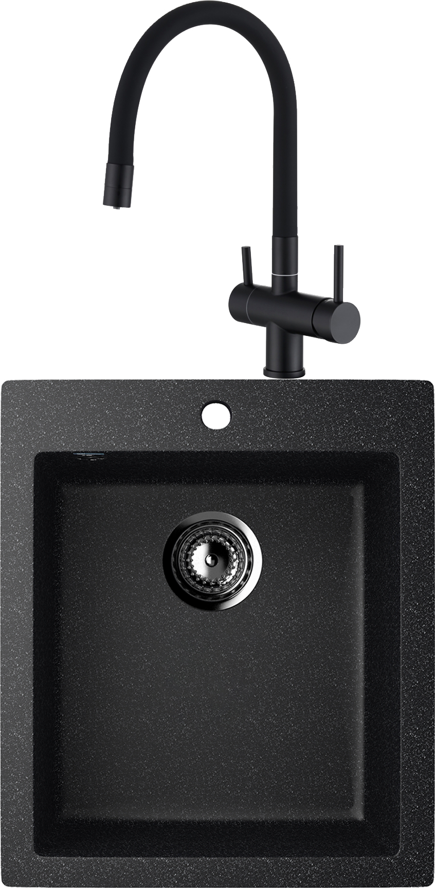 Комплект Мойка Ulgran U-404 -308, черная, встраиваемая, российская, матовая, квадратная + Смеситель Domaci Равенна DCB 3015, черный, с гибким изливом