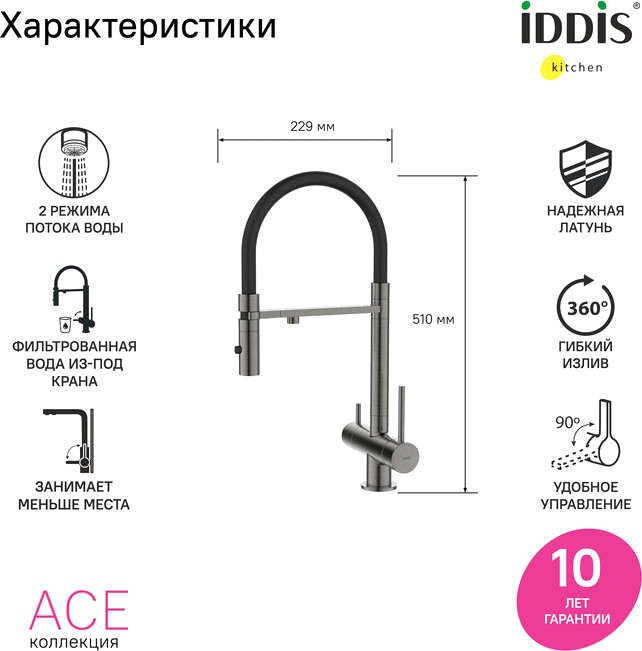 Смеситель для кухни IDDIS Ace ACEGMFFi05 графит, с гибким изливом