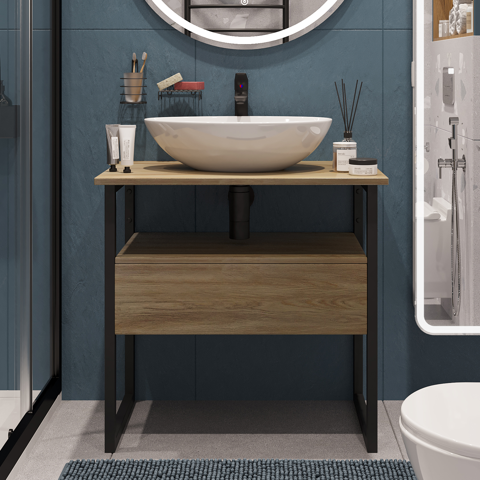 Тумба с раковиной DIWO Элиста 80 светлое дерево с раковиной Moduo 55 Leaf, чёрный муар