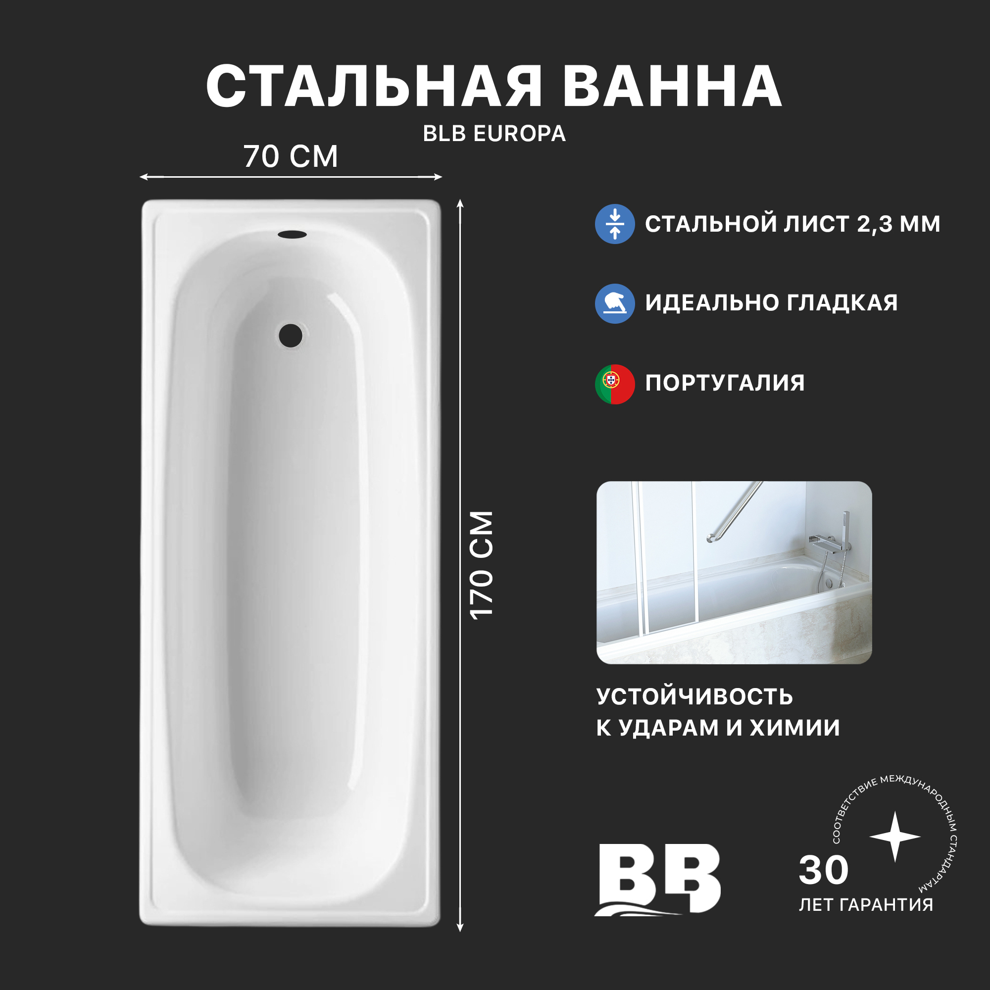 Стальная ванна BLB Europa B70E22001 170x70 см, пристенная, белая, на ножках