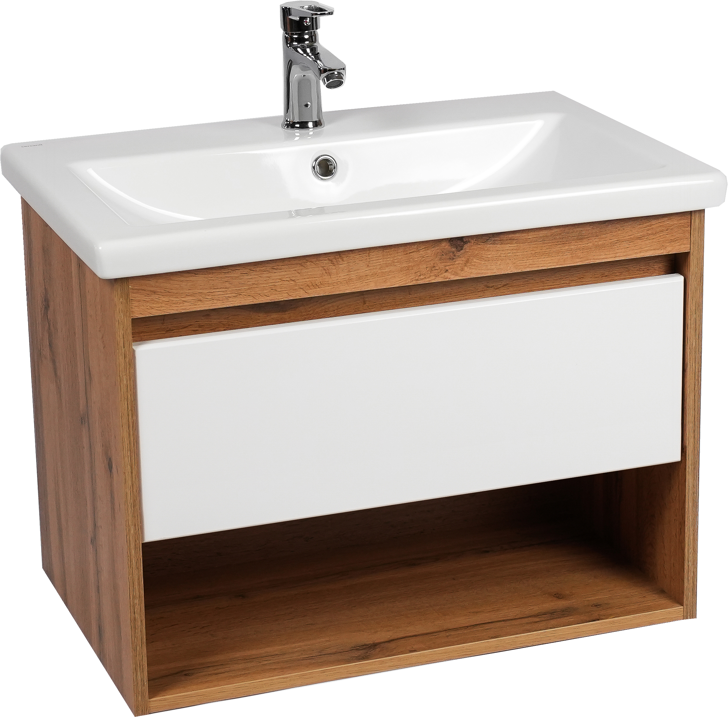 Тумба под раковину без столешницы VIANT Бостон 70 подвесная, дуб вотан, белая, 1 ящик