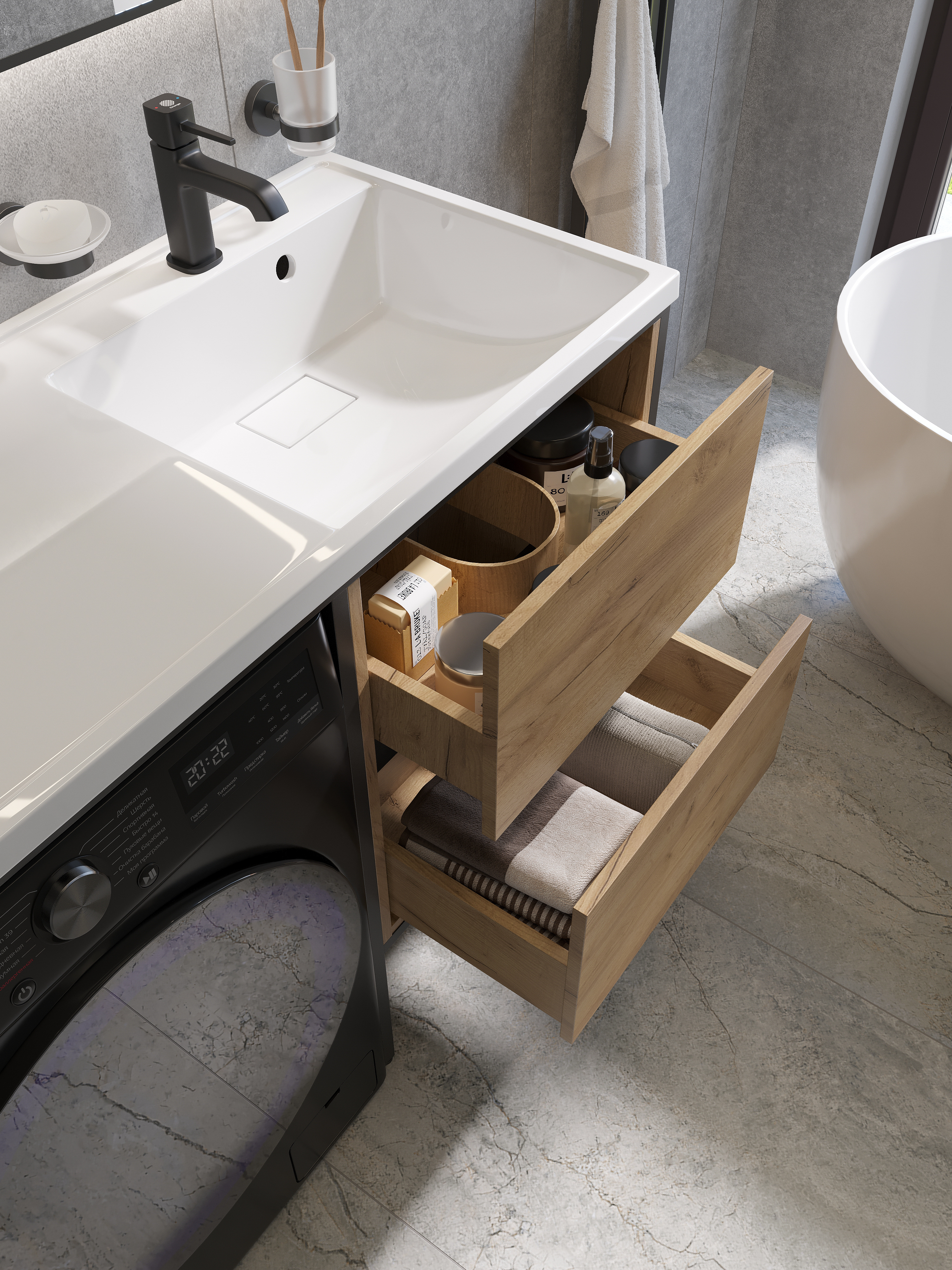 Раковина над стиральной машиной STWORKI Флом 120 Правая глянцевая белая, прямоугольная, литьевой мрамор, со столешницей слева, с кронштейном