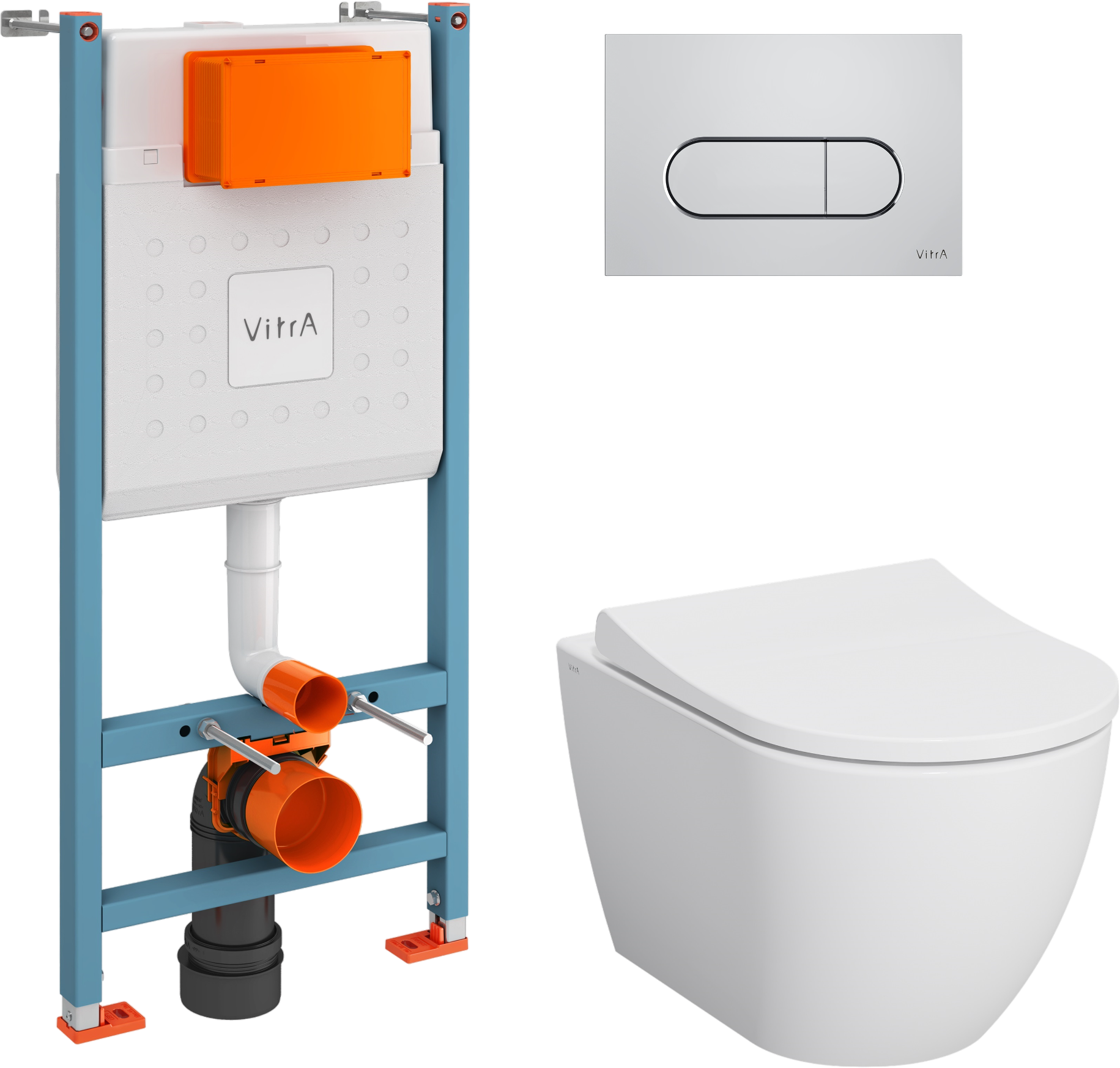 Комплект Унитаз подвесной VitrA Mia Round белый глянцевый + Крышка с микролифтом, петли хром + Инсталляция VitrA V-Fix Core + Кнопка смыва Root R 740-2280 хром