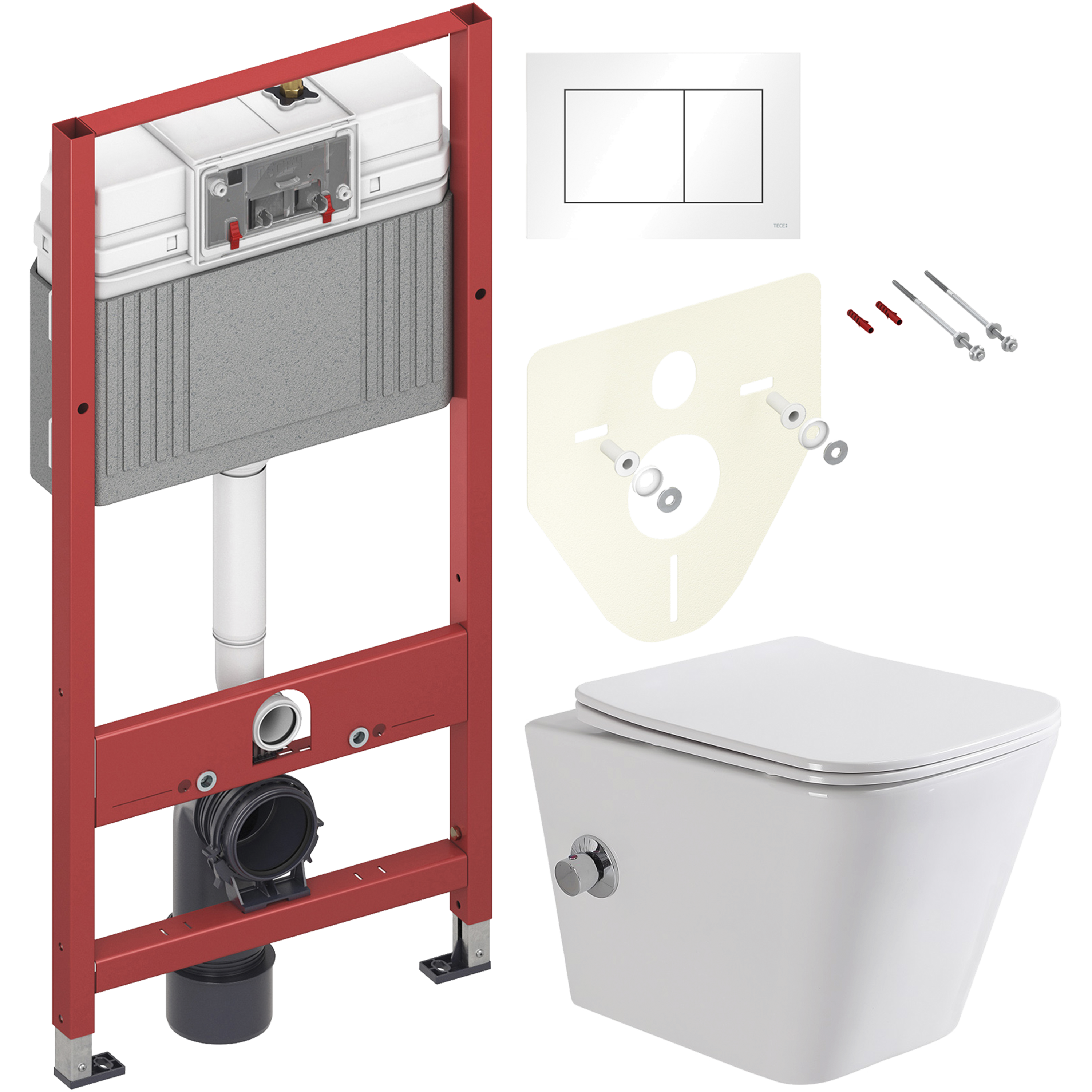 Комплект 2 в 1 Унитаз подвесной BelBagno Due BB3103CHR-BS/SC + Инсталляция с кнопкой TECE Base 9400413 цвет белый