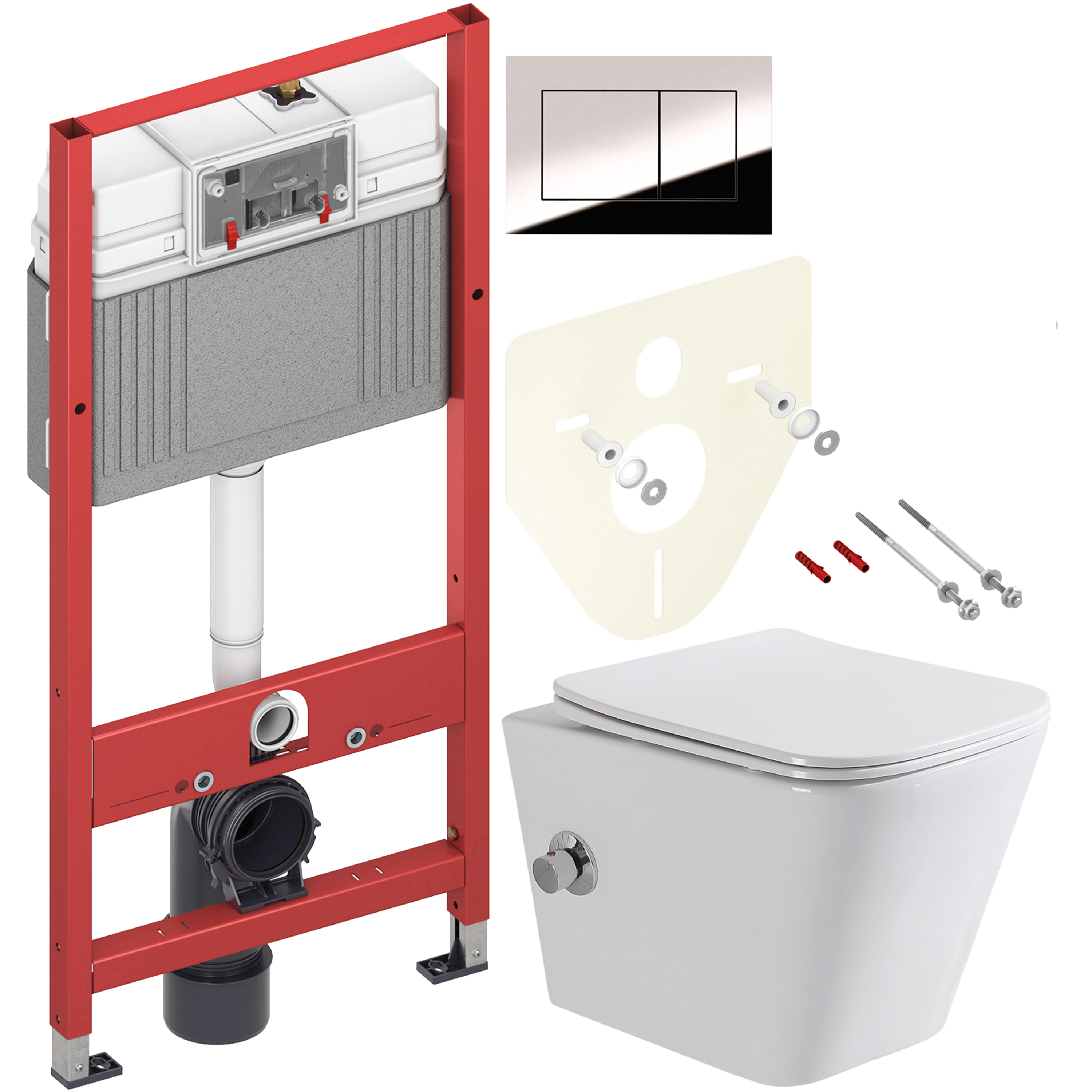 Комплект 2 в 1 Унитаз подвесной BelBagno Due BB3103CHR-BS/SC + Инсталляция с кнопкой TECE Now 9400412 цвет хром