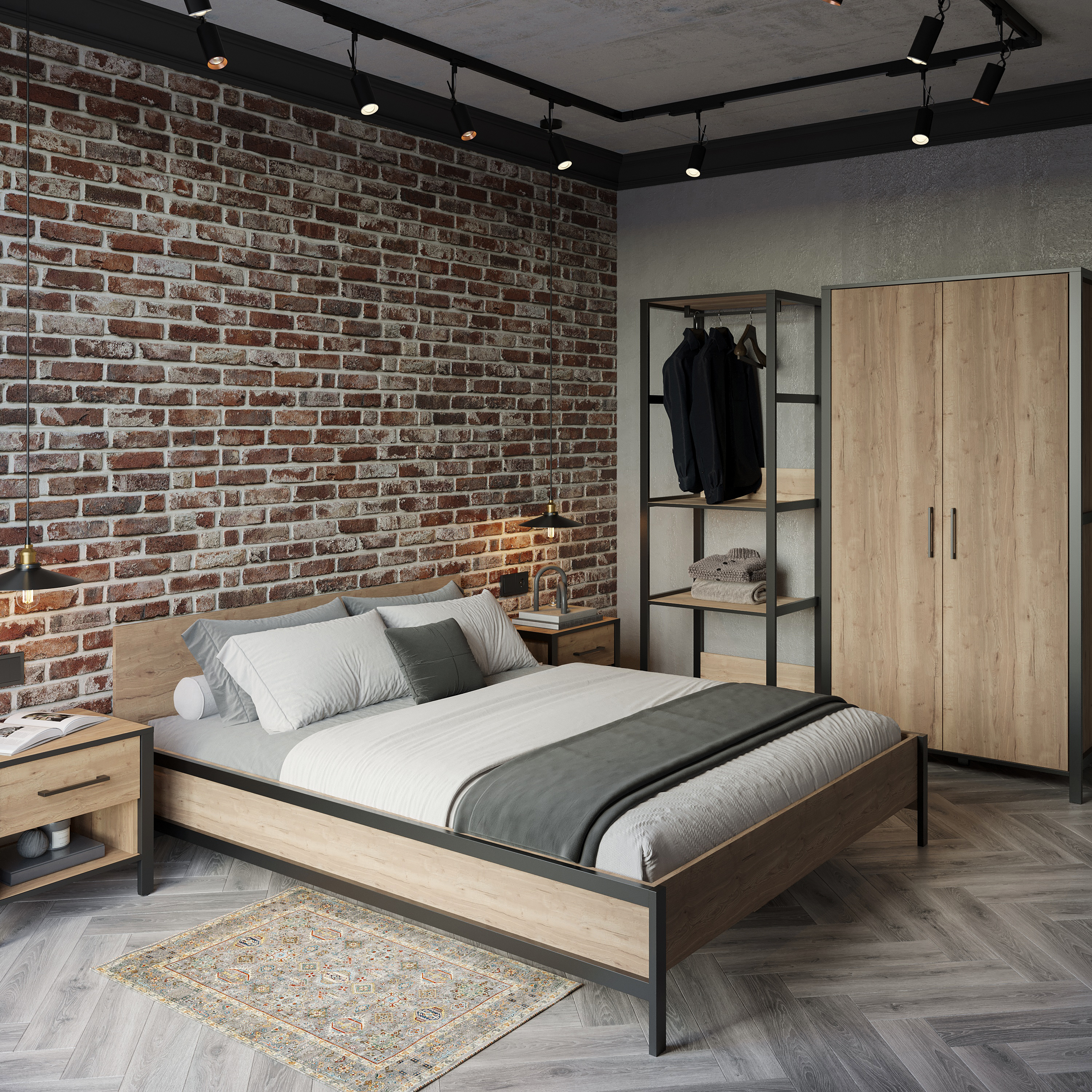 Спальный гарнитур DIWO Элиста дуб крафт золотой, черный + шкаф-стеллаж DIWO Элиста