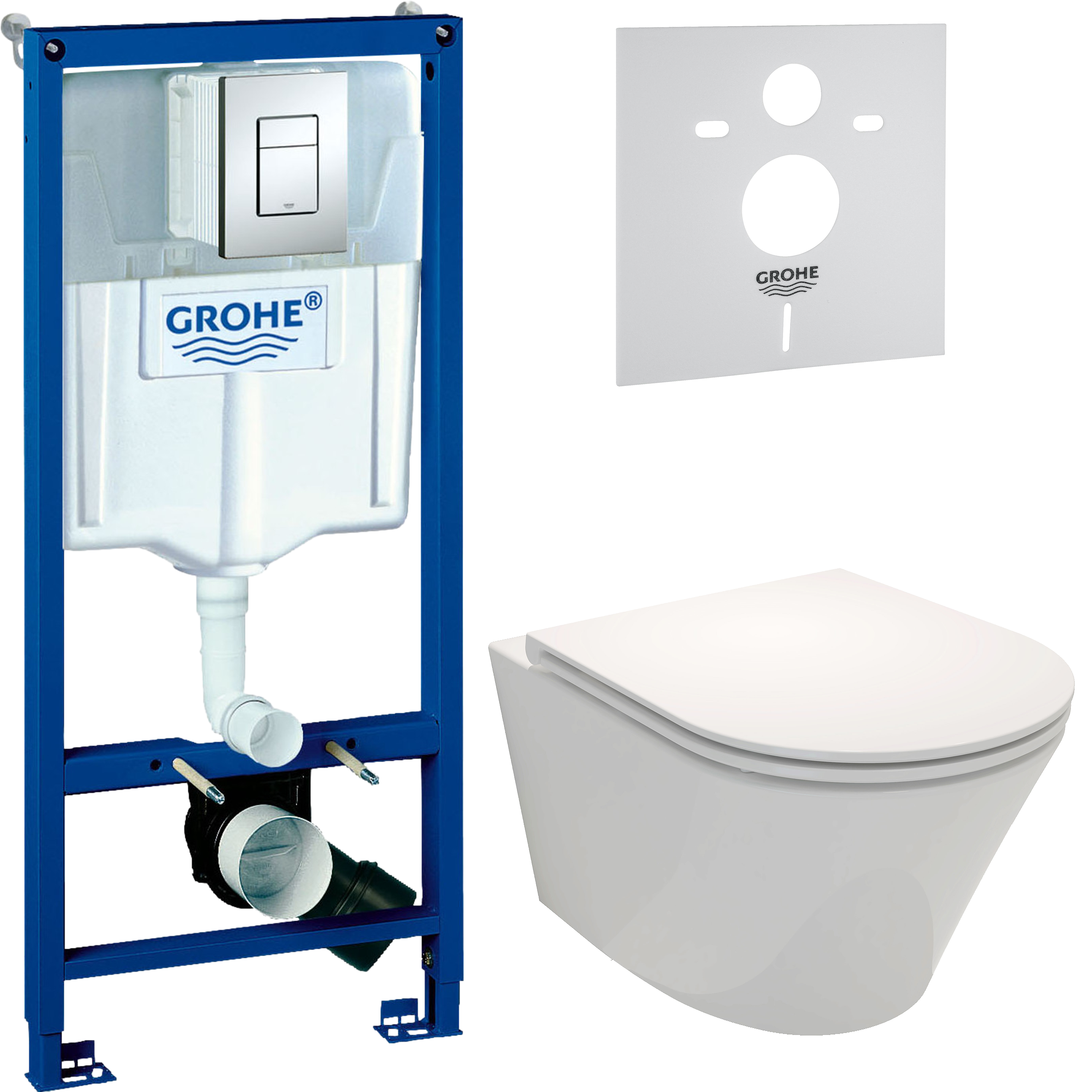 Комплект 4 в 1 Унитаз подвесной Jacob Delafon Rodin+ EDY102-00 + Сиденье E23280-00 с микролифтом + Инсталляция с кнопкой Grohe Rapid SL 38772001 цвет хром + Звукоизоляция 37131000