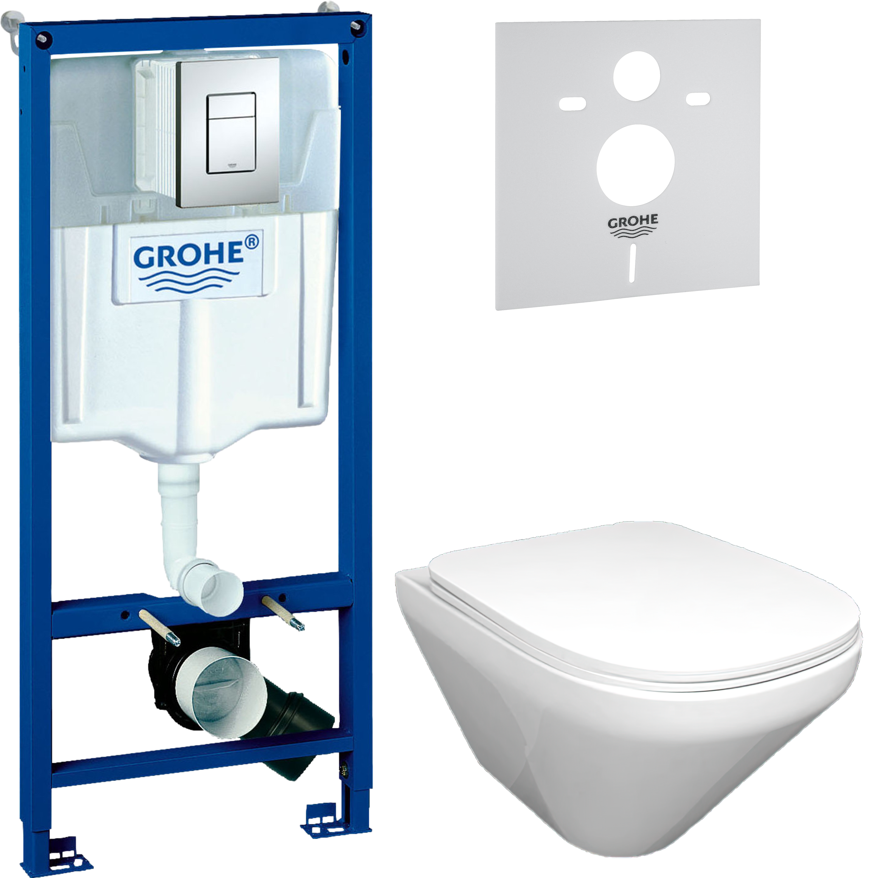 Комплект 4 в 1 Унитаз подвесной Jacob Delafon Modern Life E77725-0 + Сиденье E77168-0 с микролифтом + Инсталляция с кнопкой Grohe Rapid SL 38772001 цвет хром + Звукоизоляция 37131000