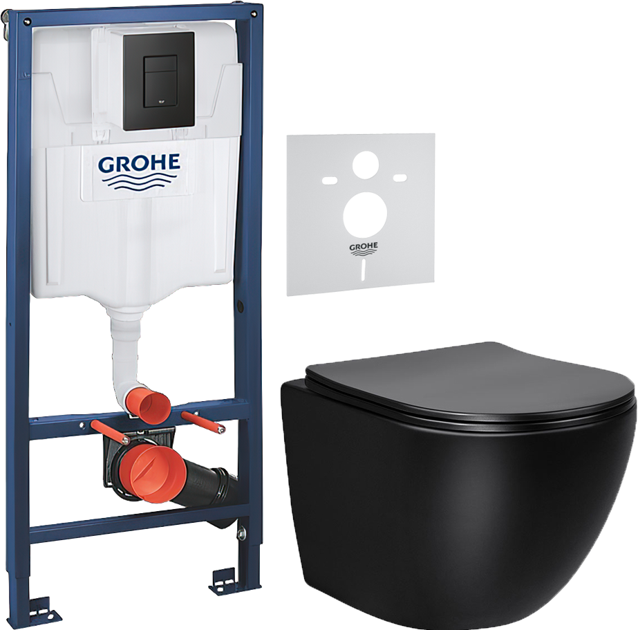 Комплект 3 в 1 Унитаз подвесной Vincea Globo VT1-14SMB + Звукоизоляция Grohe 37131000 + Инсталляция с кнопкой Solido 38811KF0 цвет черный