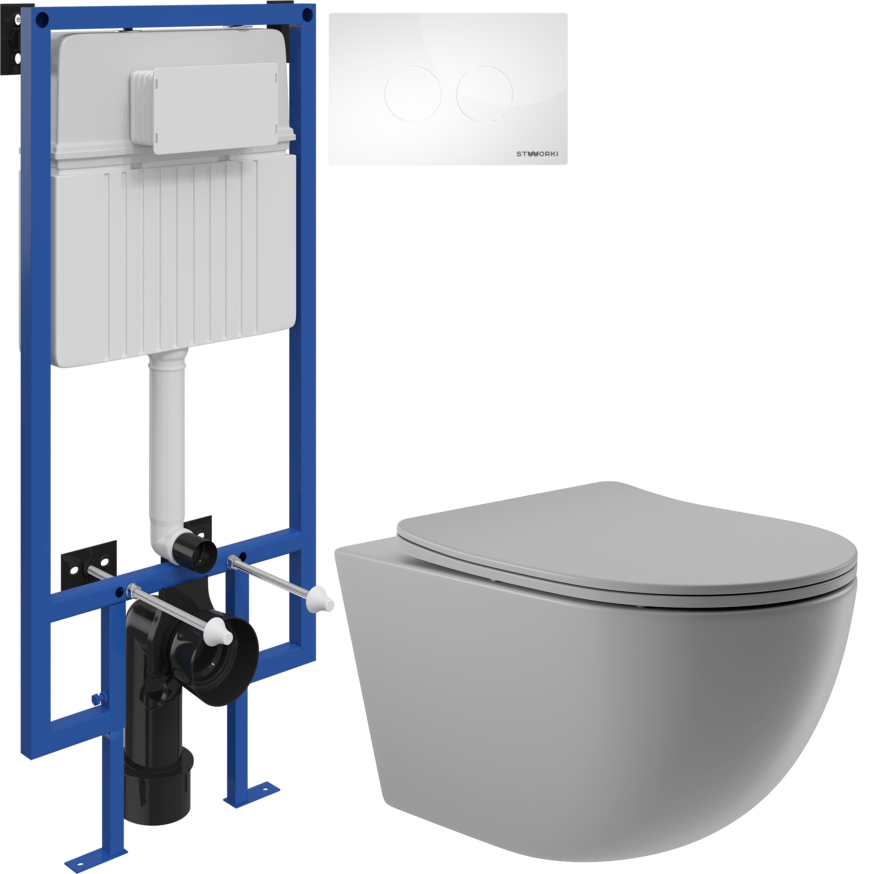 Комплект 3 в 1 Унитаз подвесной Aqueduto Ovo OVO0130 + Инсталляция STWORKI 510162 + Кнопка Хельсинки 500470