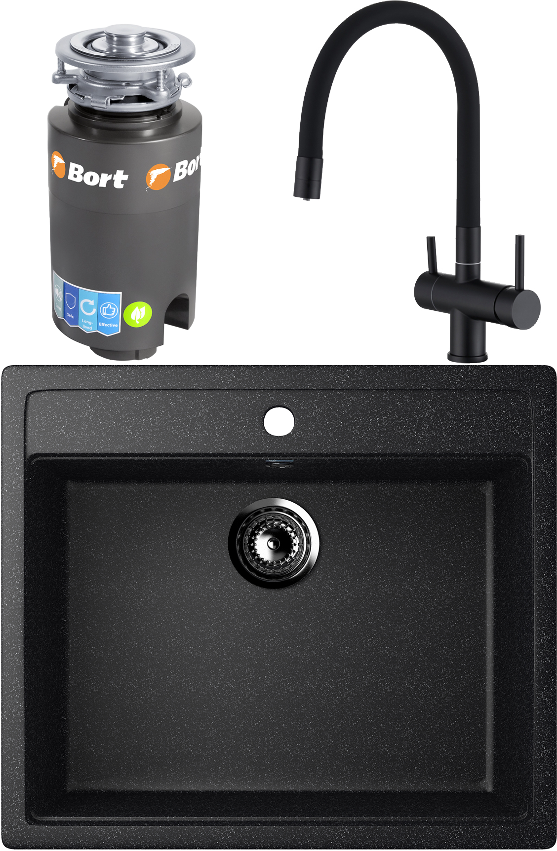 Комплект Мойка Ulgran U-104 -308, черная + Смеситель Domaci Равенна DCB 3015, черный, с гибким изливом + Измельчитель Bort Titan 4000