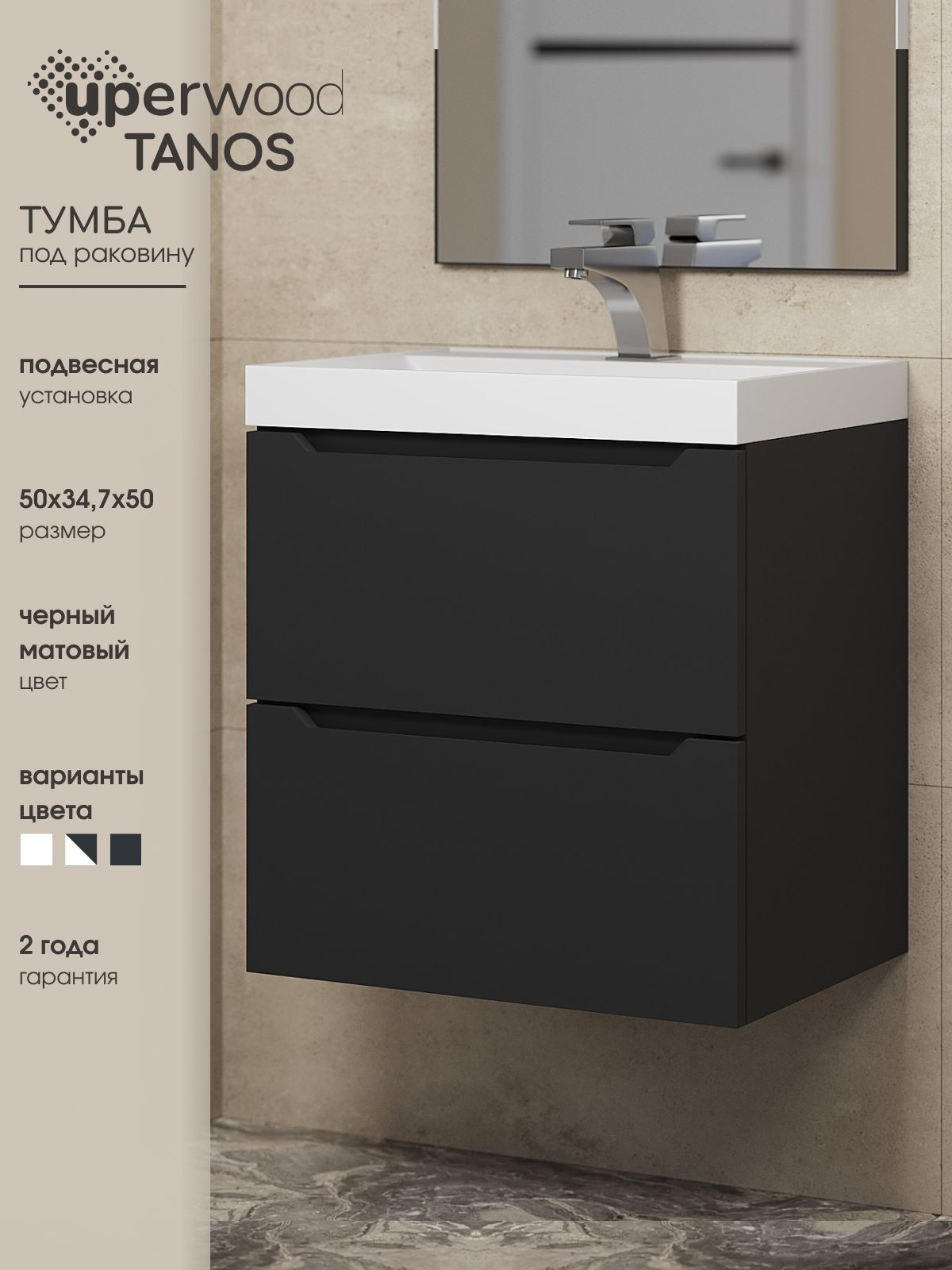Тумба под раковину без столешницы Uperwood Tanos 50 подвесная, черная матовая