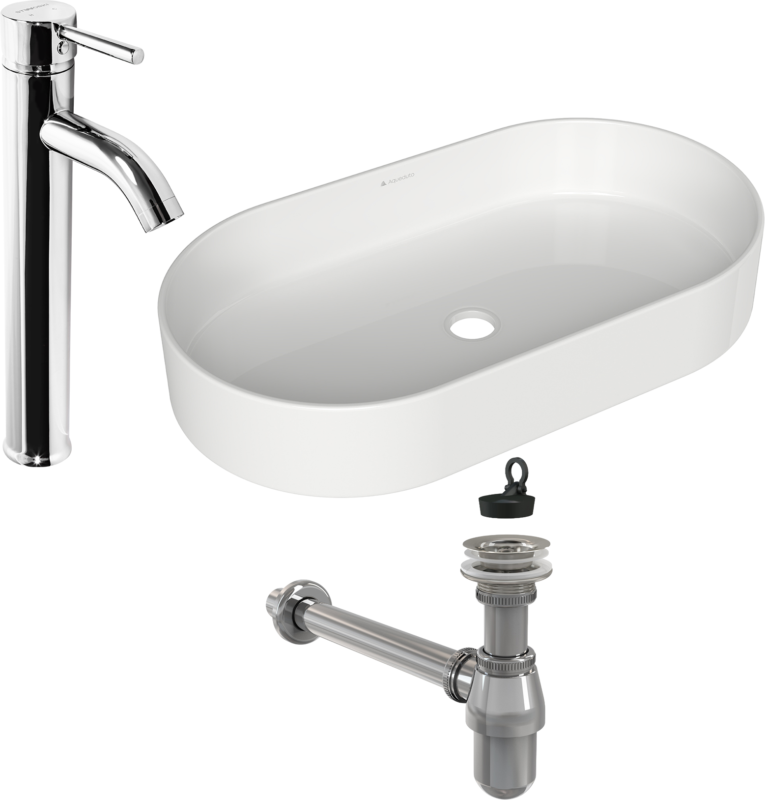 Комплект 3 в 1 Смеситель STWORKI Ольборг FD01031, высокий + Сифон AlcaPlast A437 + Накладная раковина Aqueduto Espiral ESP0210 60 см