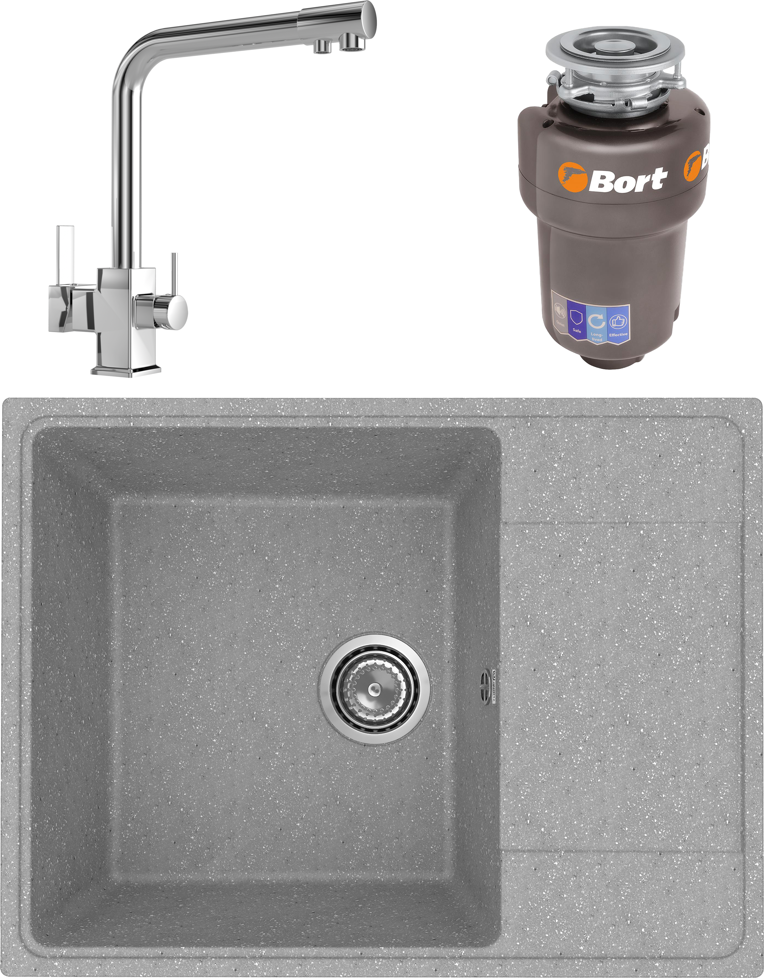 Комплект Мойка Practik PR-M 650-003 + Смеситель MEGA Life MG-TK06 + Измельчитель Bort Titan 93410266