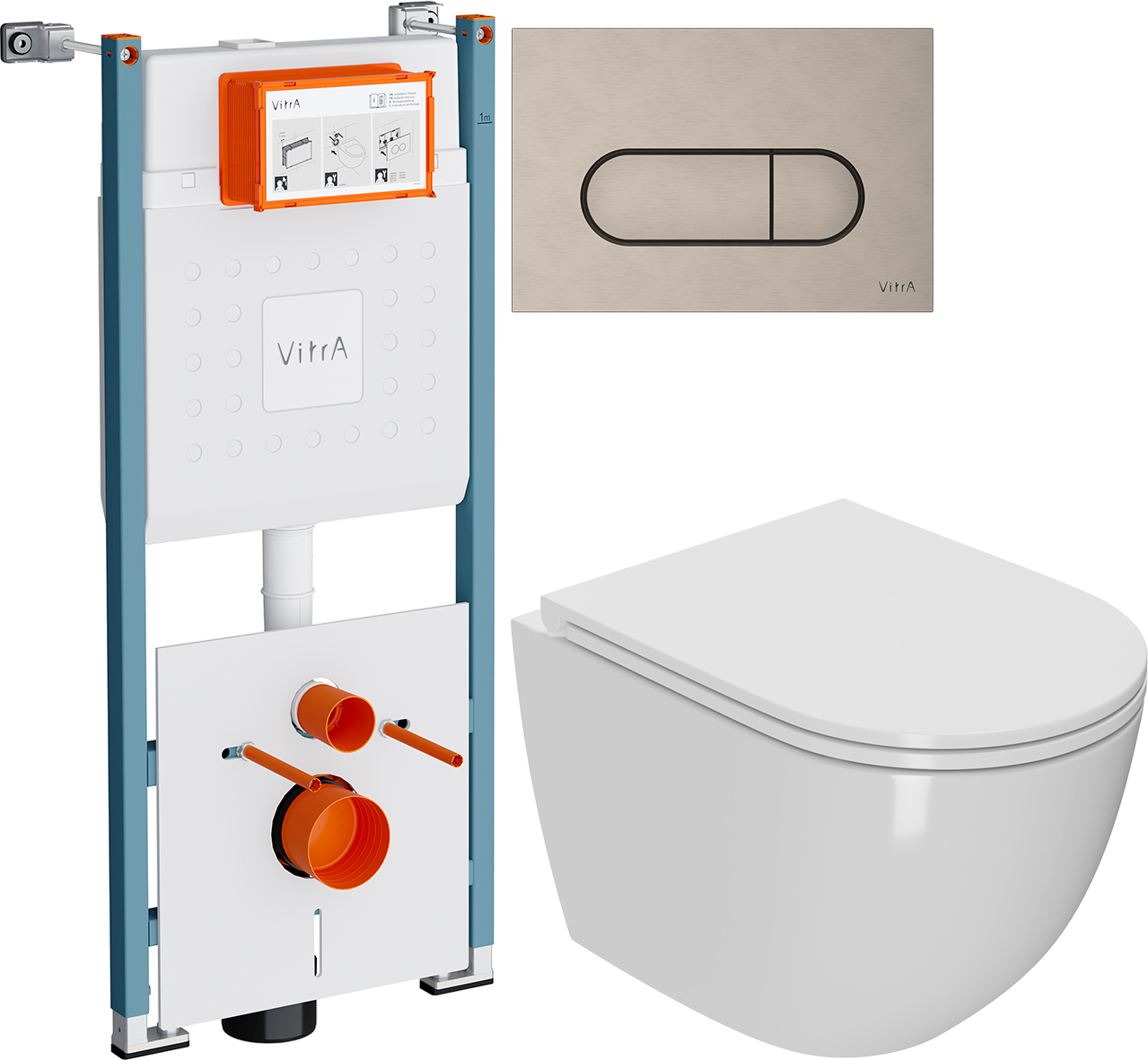 Комплект 3 в 1 Унитаз подвесной Bauedge Bau Dream Hurricane-2 с микролифтом, безободковый, белый + Инсталляция VitrA V-Fix Core 732-5800-01PV + Кнопка Root Round 740-2295 цвет никель