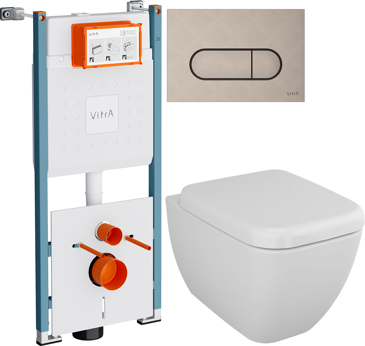 Комплект 4 в 1 Унитаз подвесной VitrA Shift 7742B003-0075 белая глянцевая + Сиденье 91-003-009 с микролифтом, петли хром + Инсталляция V-Fix Core 732-5800-01PV + Кнопка Root Round 740-2295 цвет никель