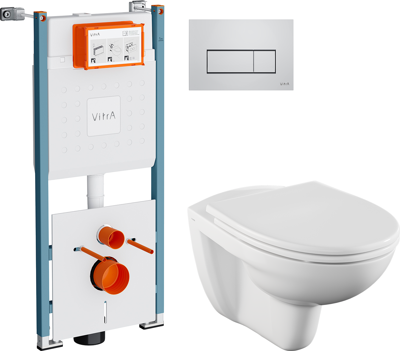 Комплект 4 в 1 Унитаз подвесной Norm Fit 6855B099-1777 + Сиденье VitrA Norm 84-003-749 с микролифтом + Инсталляция V-Fix Core 732-5800-01PV + Кнопка Root Square 740-2380 цвет хром