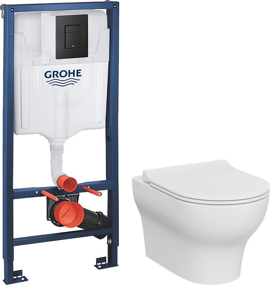 Комплект 3 в 1 Унитаз подвесной VitrA Zentrum Round 7786B003-0075 безободковый + Сиденье 801-003-019 с микролифтом + Инсталляция с кнопкой Grohe Solido 38811KF0 цвет черный