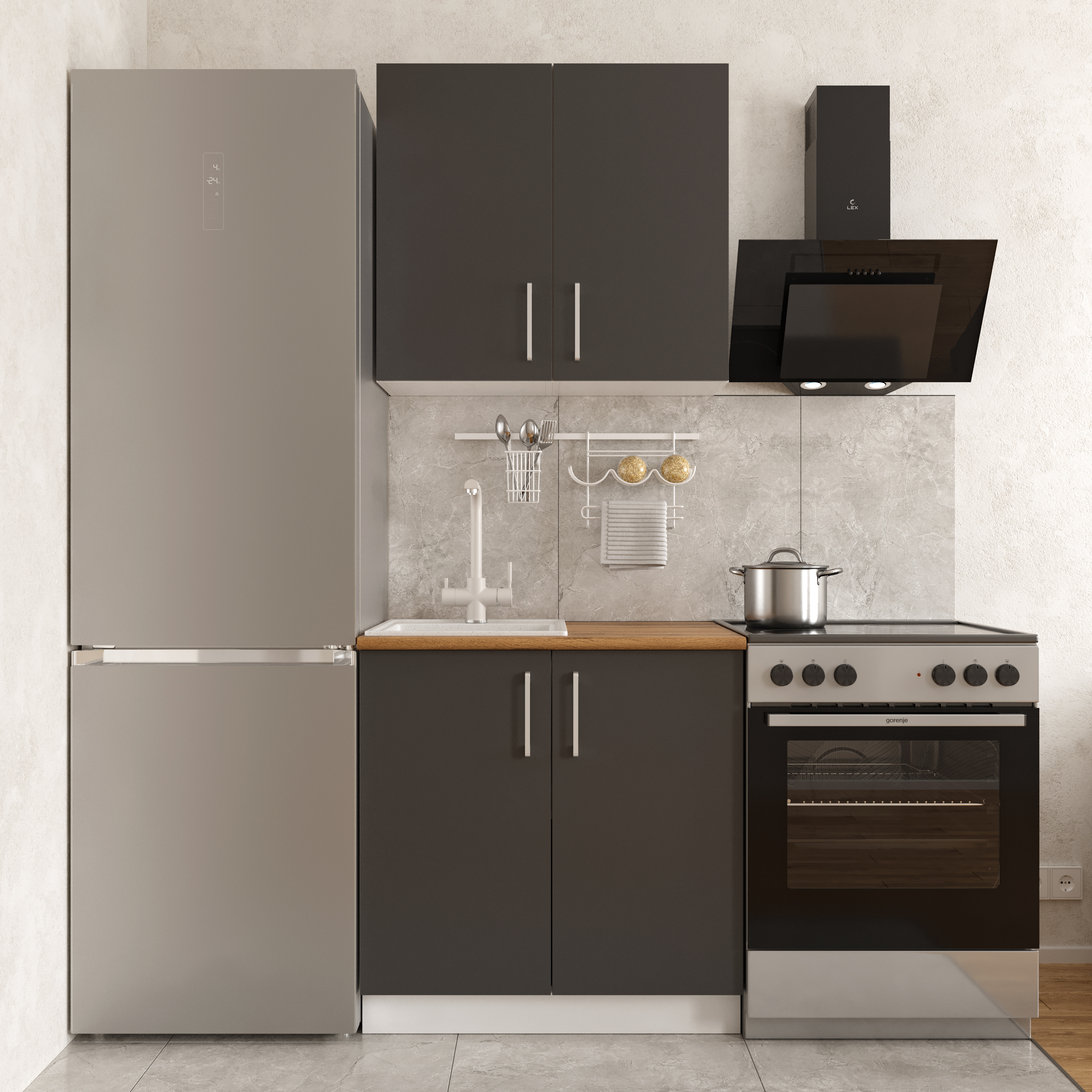 Кухонный гарнитур Domaci Болонья 140 см, фасад графит, ручка хром, столешница дуб вотан KUH-708123