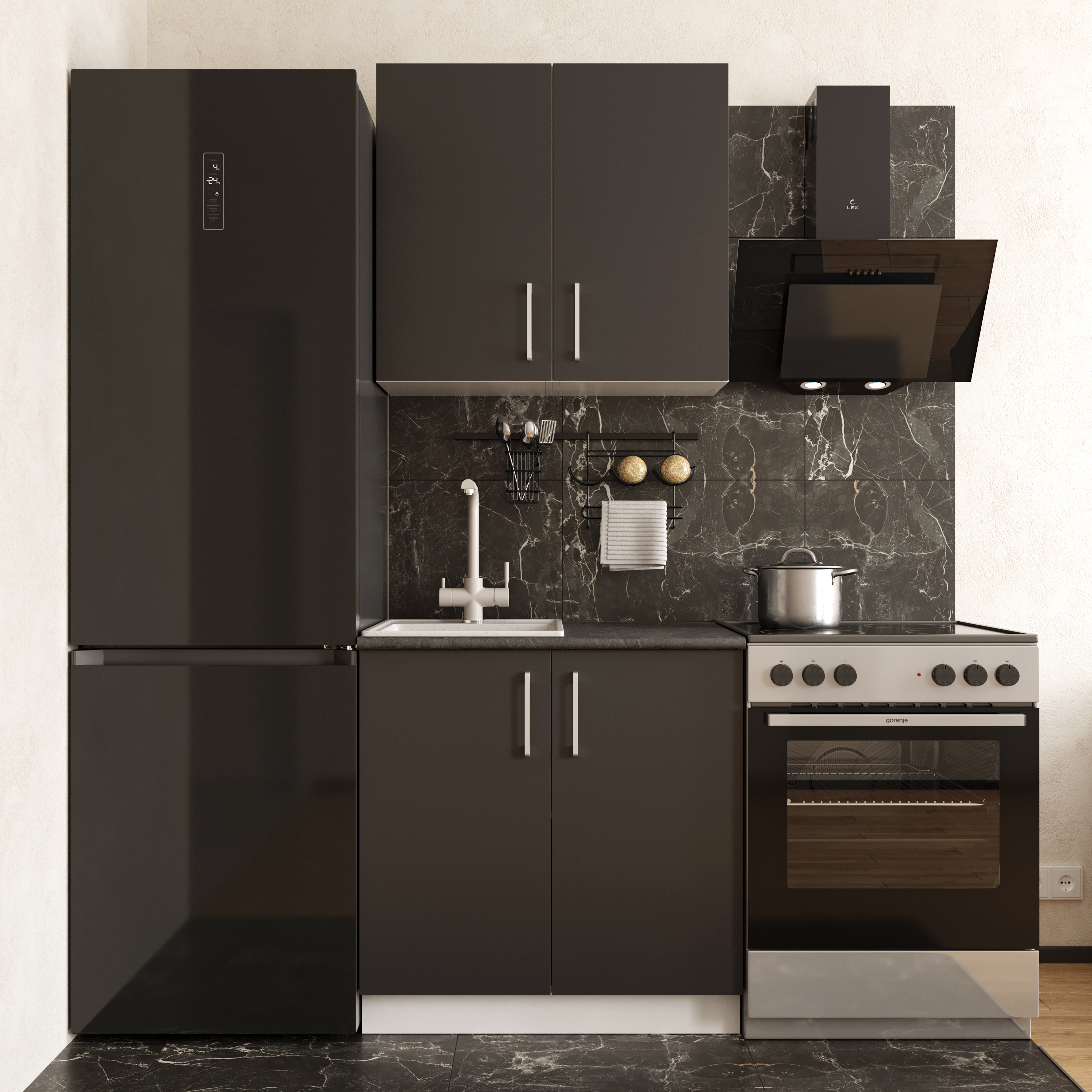 Кухонный гарнитур Domaci Болонья 140 см, фасад графит, ручка хром, столешница луна KUH-708130