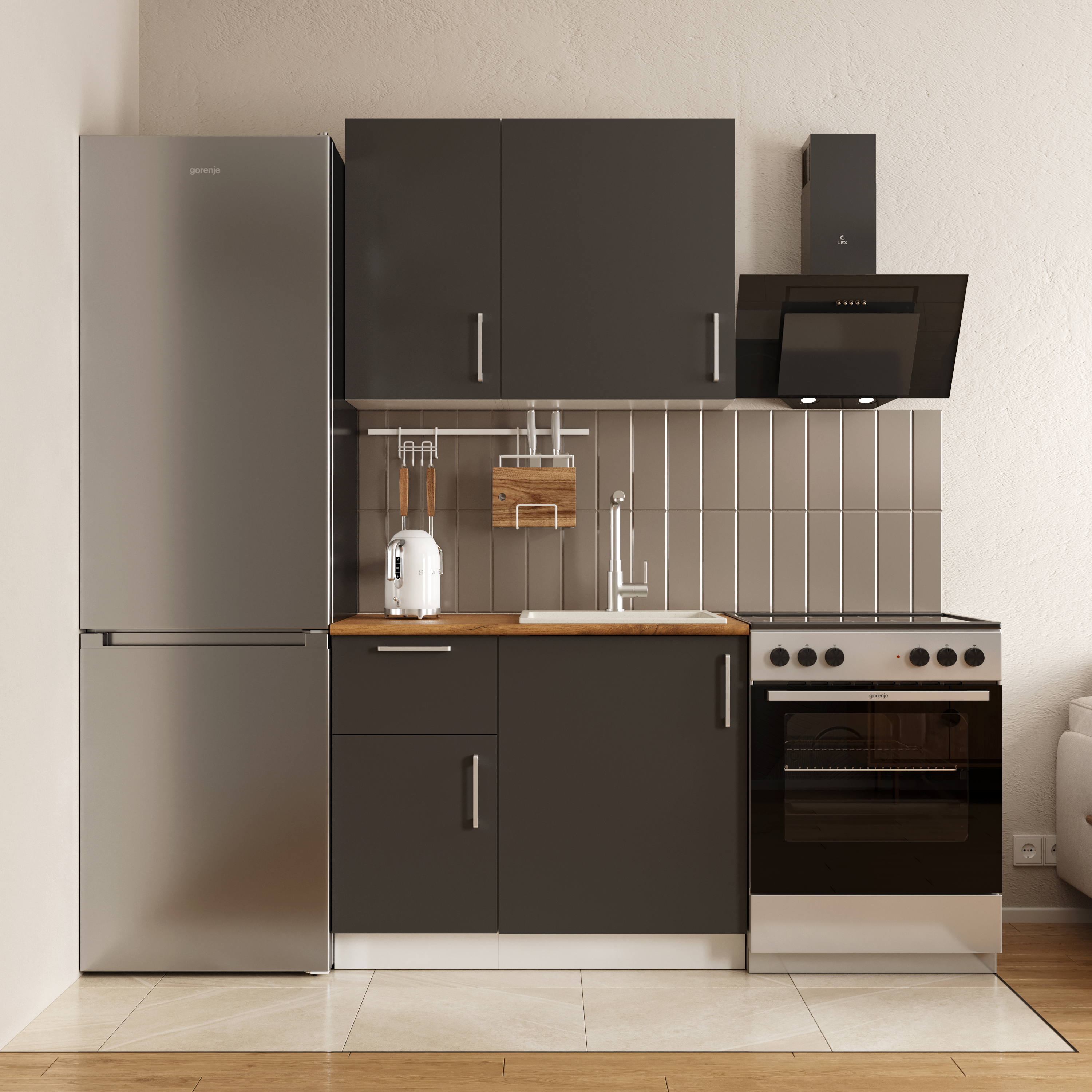 Кухонный гарнитур Domaci Болонья 160 см, фасад графит, ручка хром, столешница дуб вотан KUH-708201