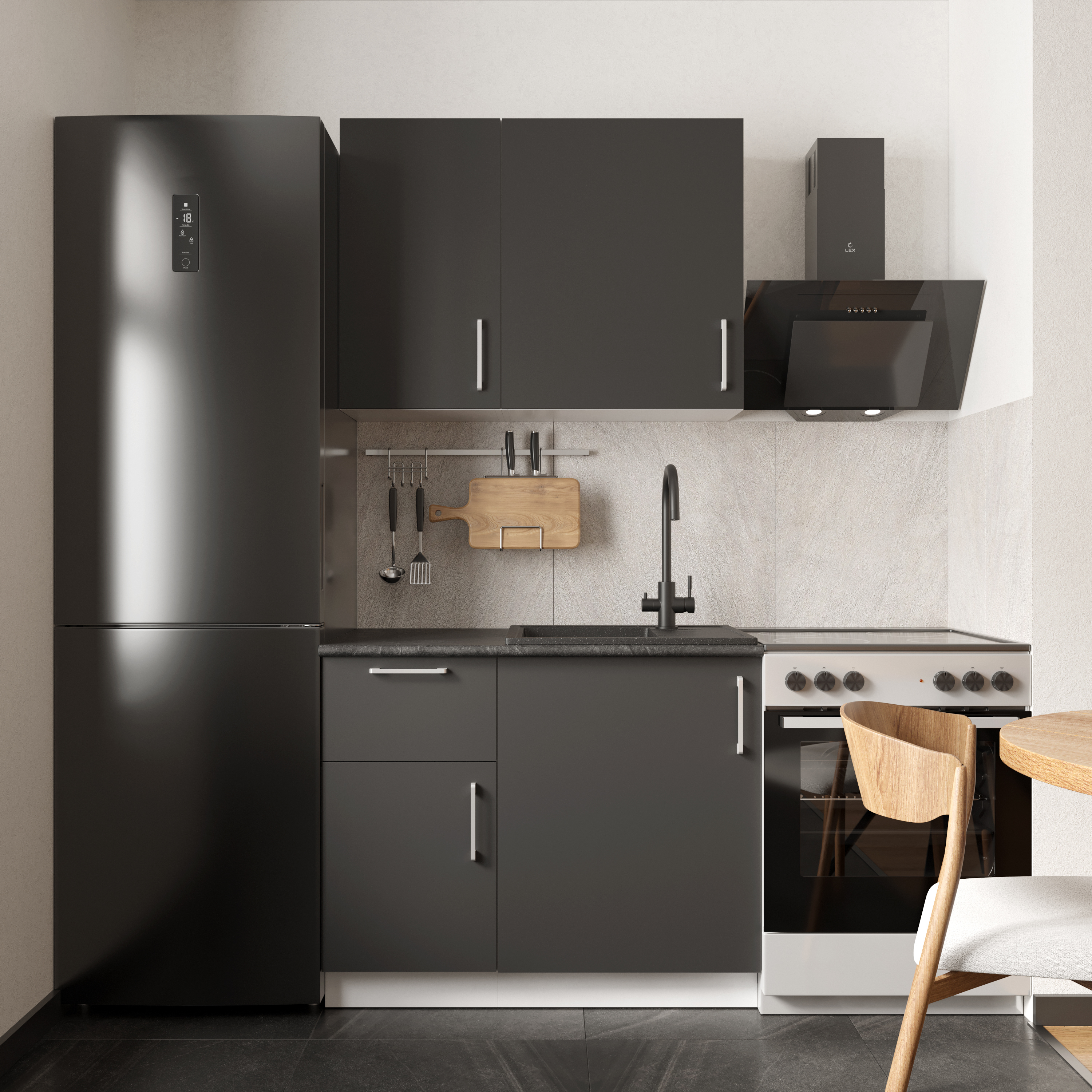 Кухонный гарнитур Domaci Болонья 160 см, фасад графит, ручка хром, столешница луна KUH-708202