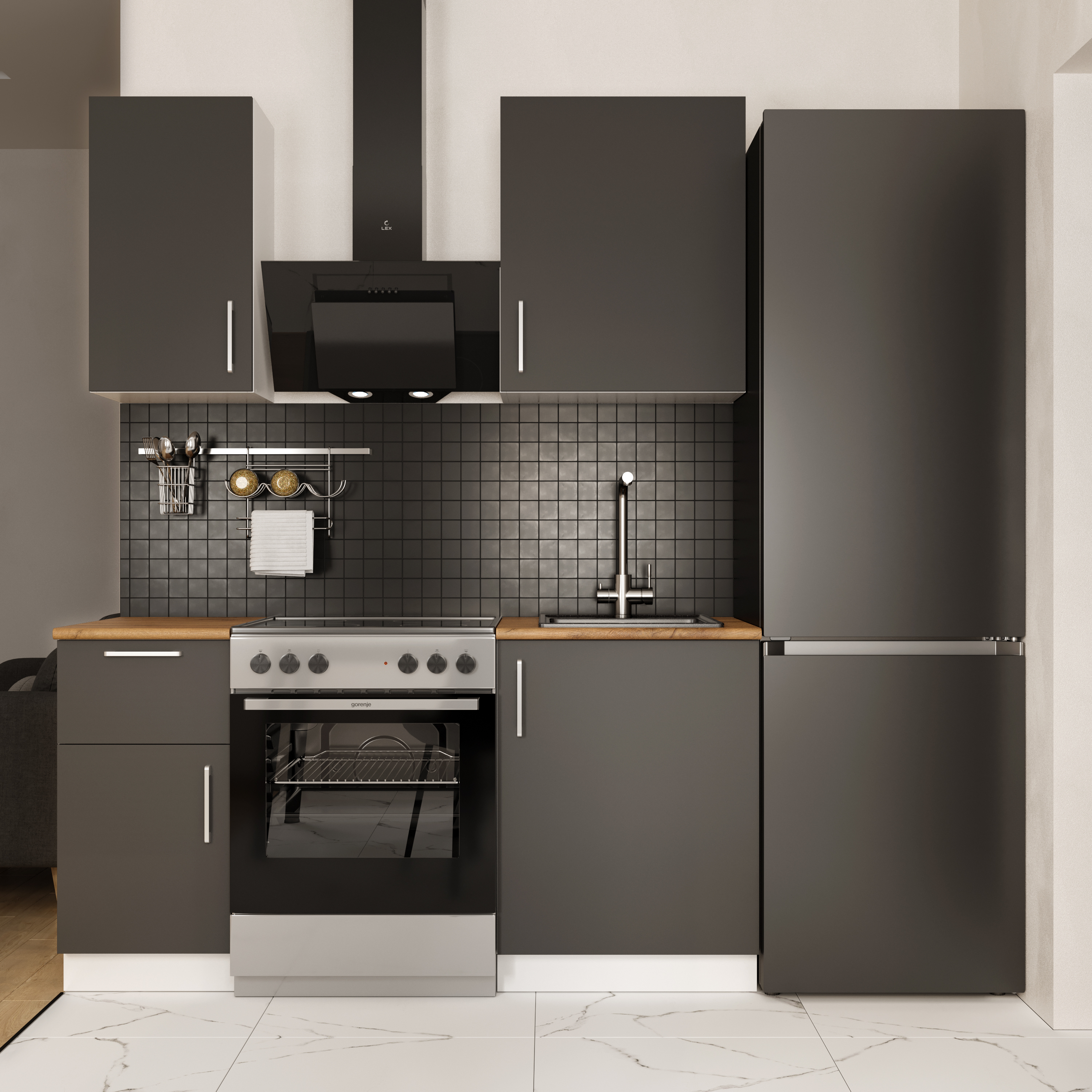 Кухонный гарнитур Domaci Болонья 160 см, фасад графит, ручка хром, столешница дуб вотан KUH-708285