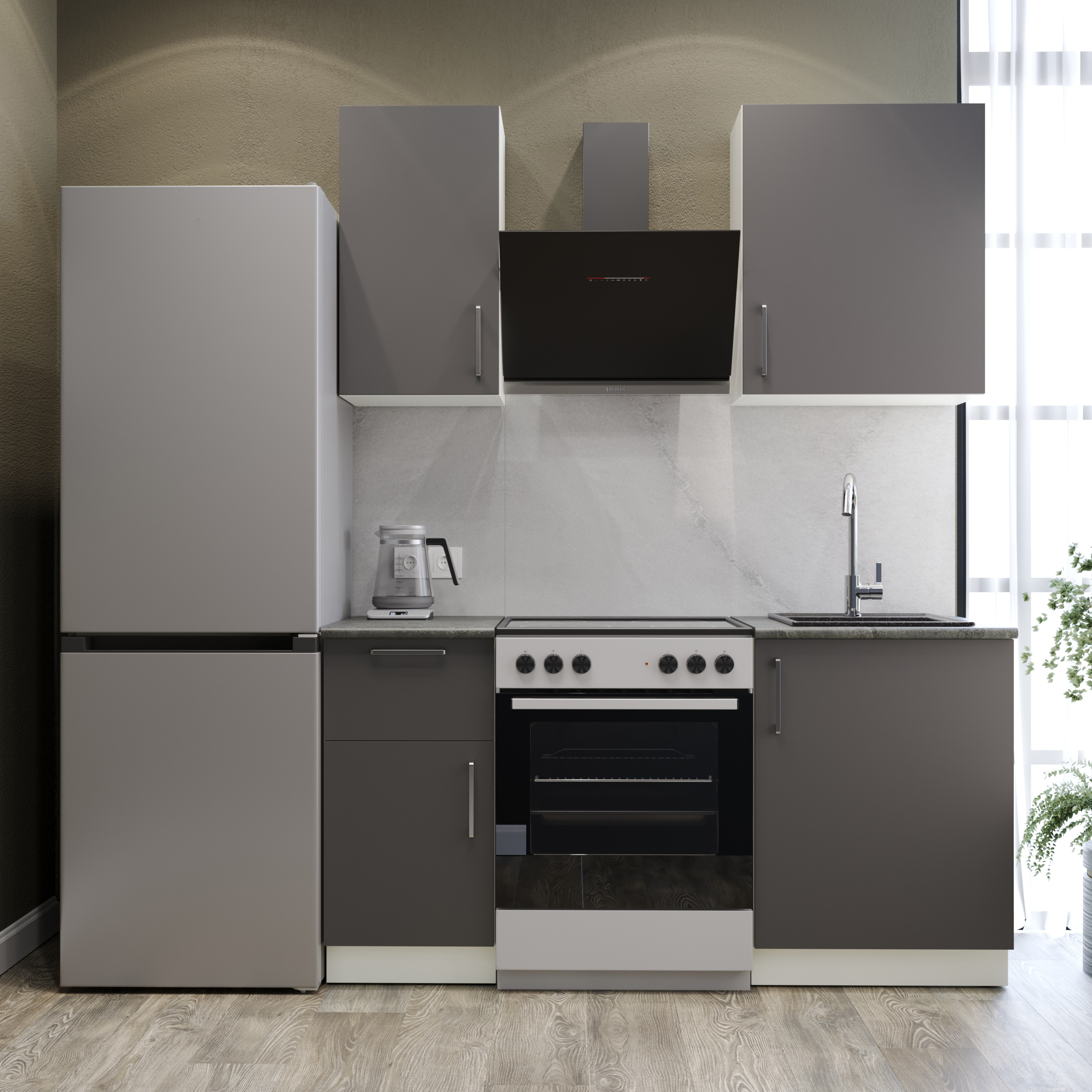 Кухонный гарнитур Domaci Болонья 160 см, фасад графит, ручка хром, столешница луна KUH-708286