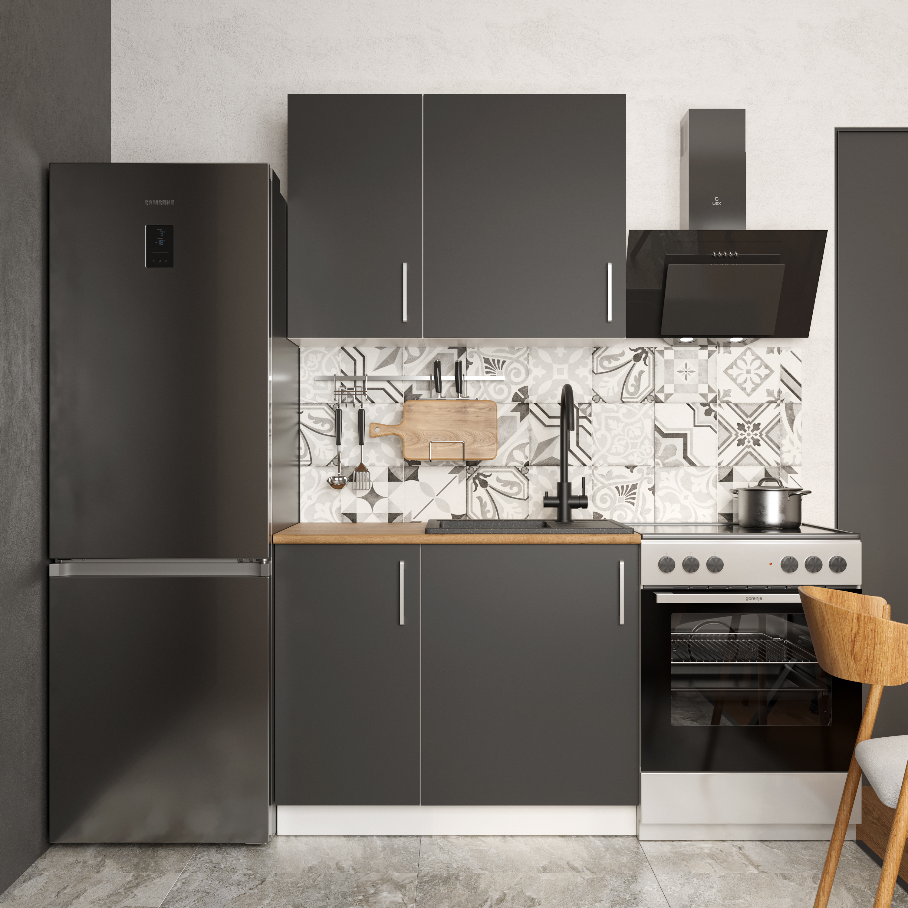 Кухонный гарнитур Domaci Болонья 160 см, фасад графит, ручка хром, столешница дуб вотан KUH-708210