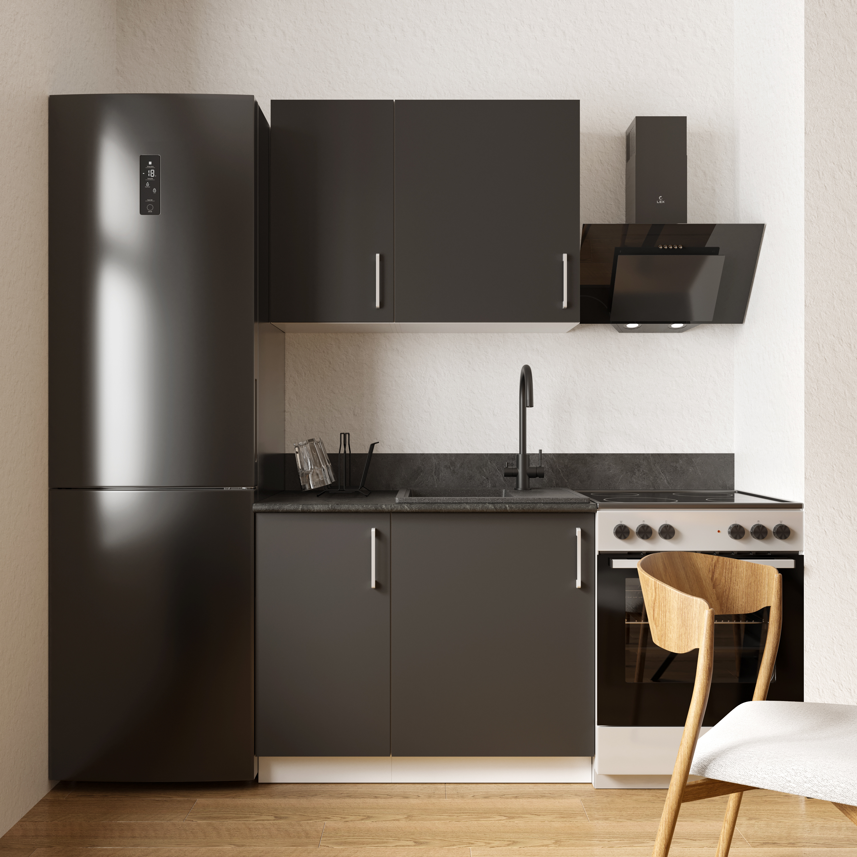 Кухонный гарнитур Domaci Болонья 160 см, фасад графит, ручка хром, столешница луна KUH-708212