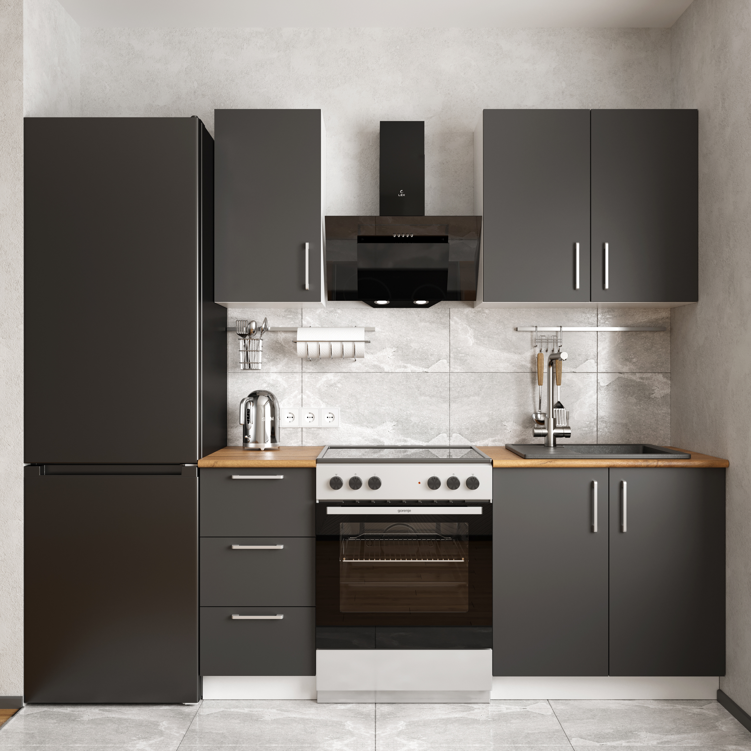 Кухонный гарнитур Domaci Болонья 180 см, фасад графит, ручка хром, столешница дуб вотан KUH-708292