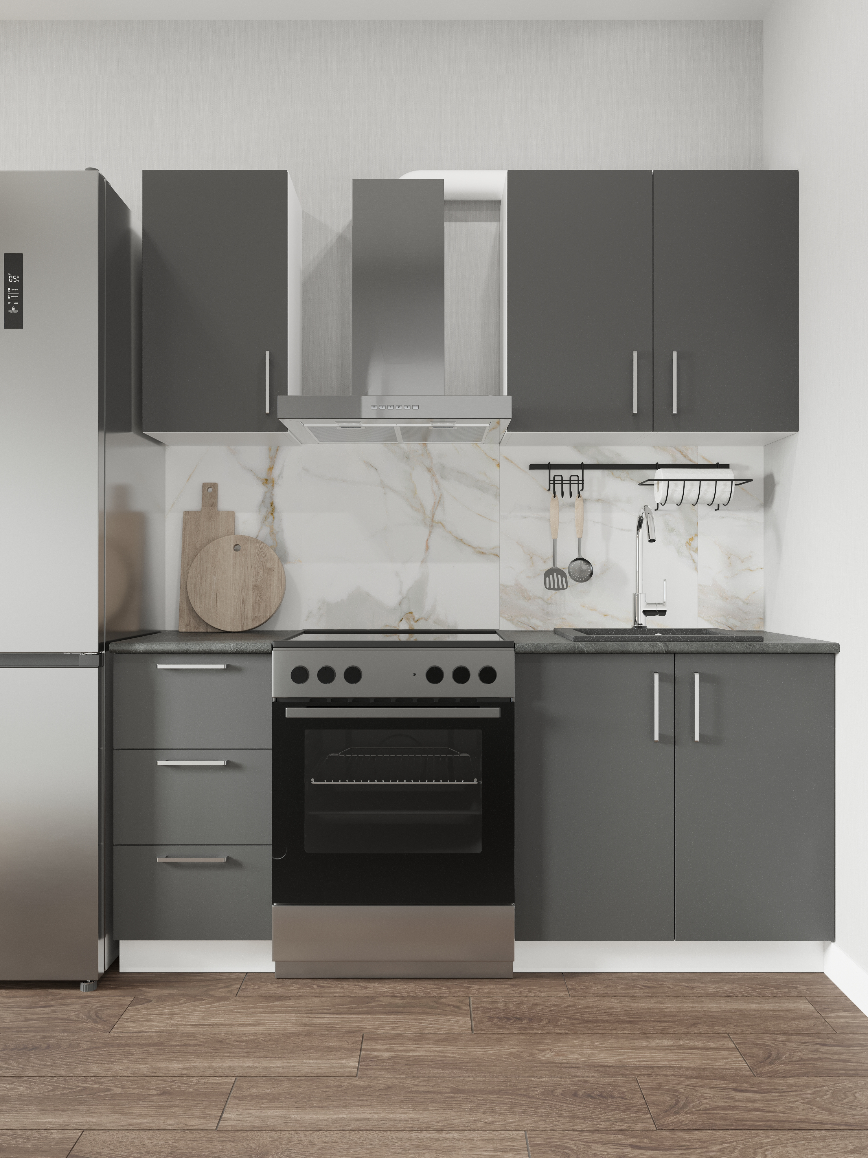 Кухонный гарнитур Domaci Болонья 180 см, фасад графит, ручка хром, столешница луна KUH-708293