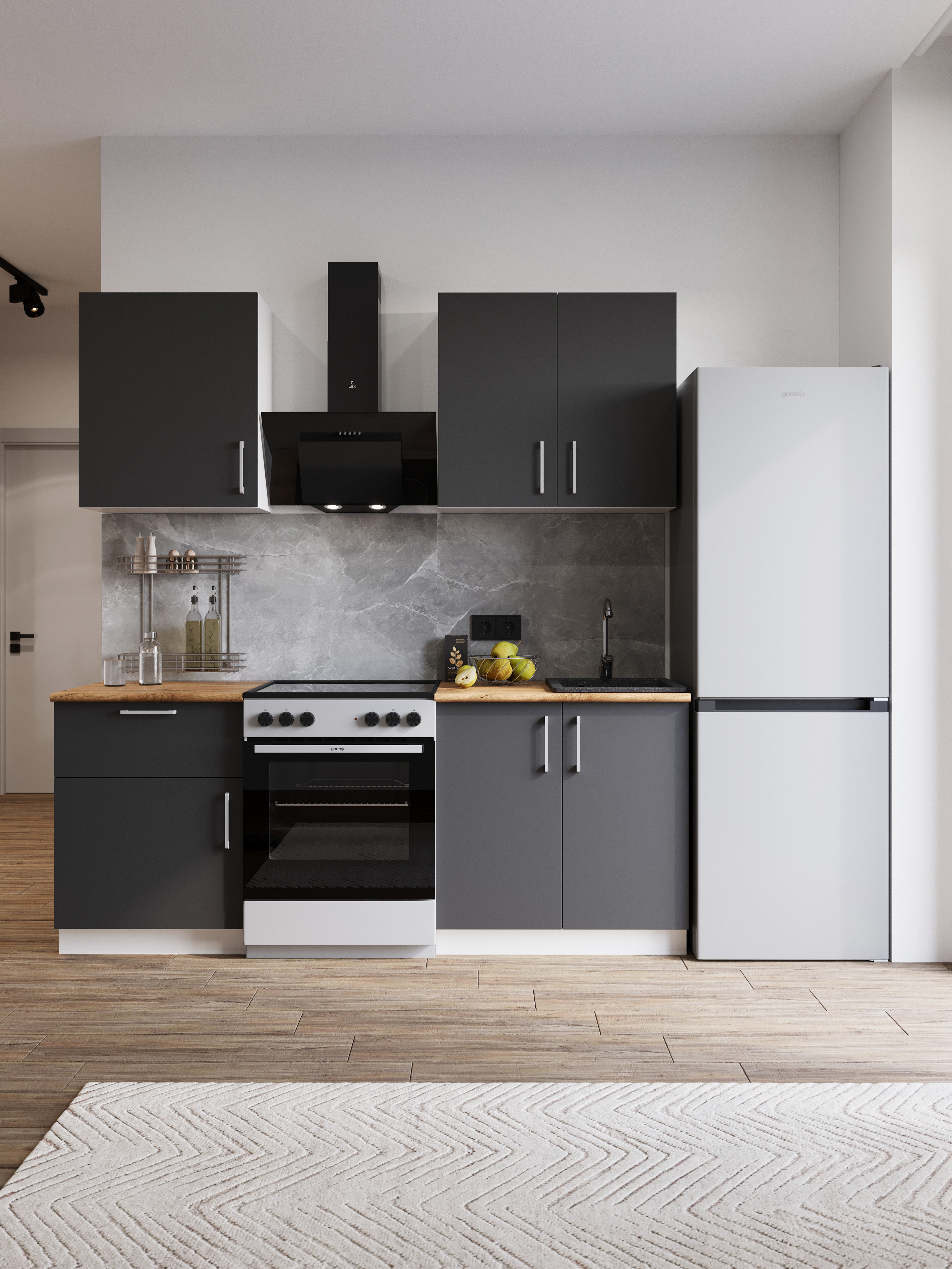 Кухонный гарнитур Domaci Болонья 200 см, фасад графит, ручка хром, столешница дуб вотан KUH-708321