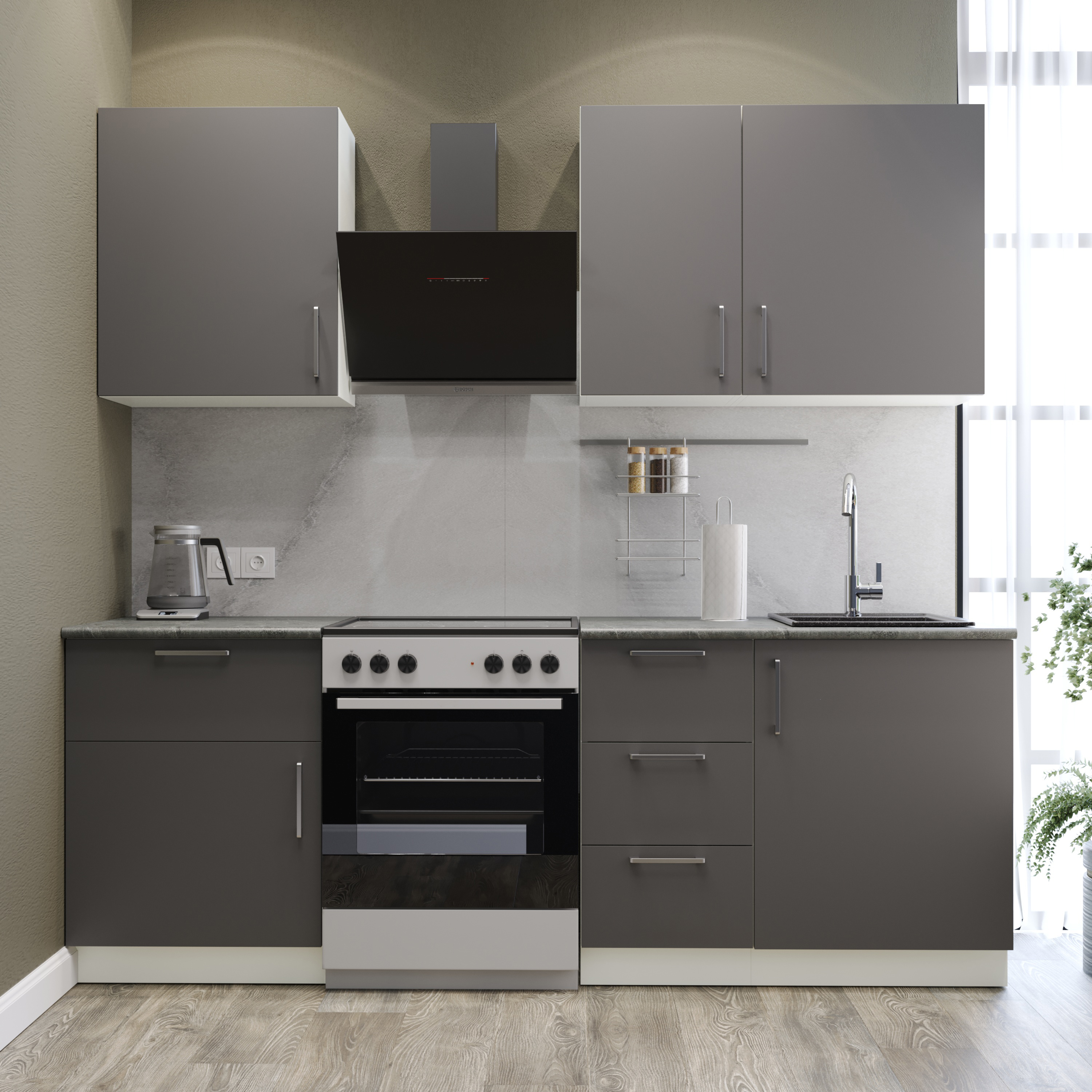 Кухонный гарнитур Domaci Болонья 220 см, фасад графит, ручка хром, столешница луна KUH-708343