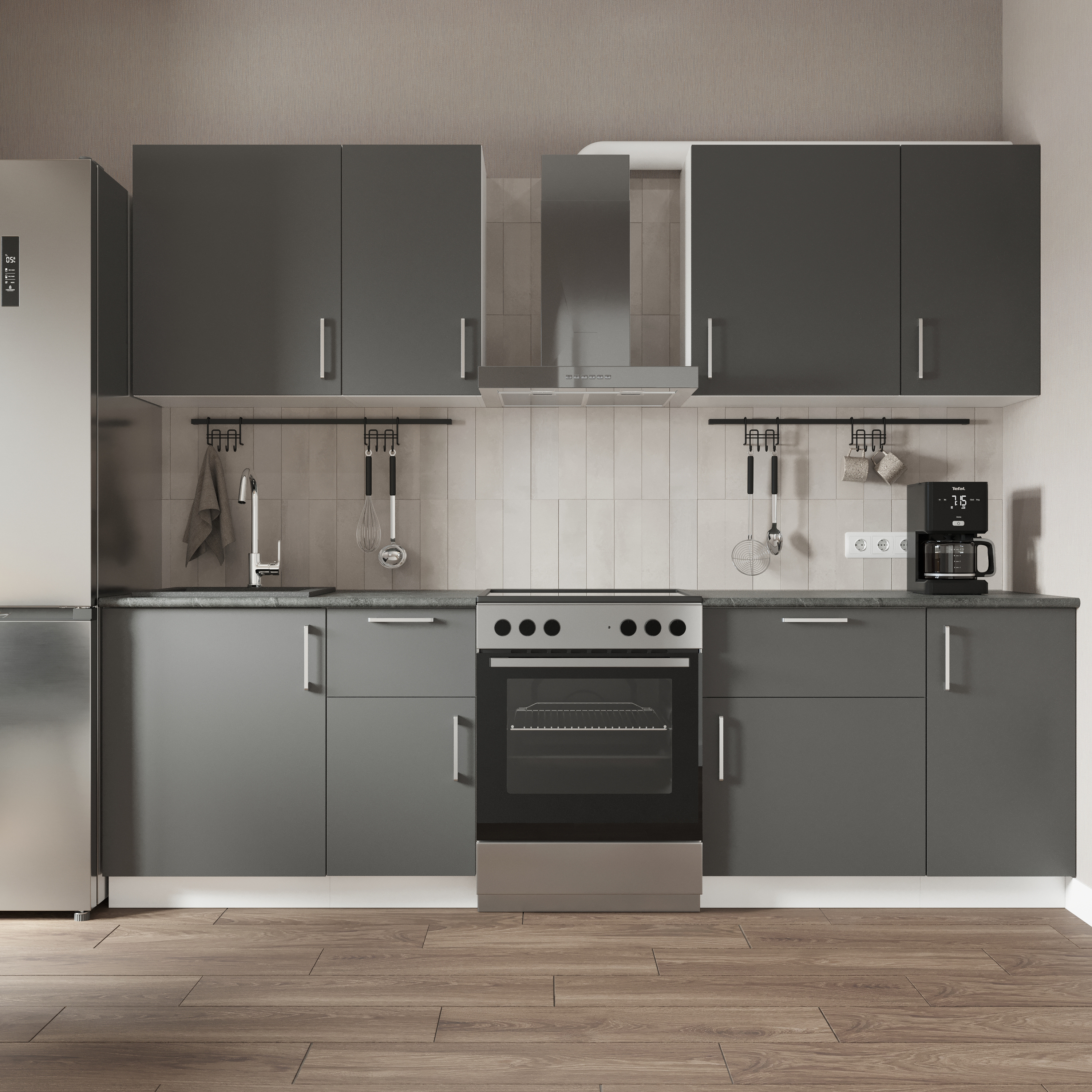 Кухонный гарнитур Domaci Болонья 260 см, фасад графит, ручка хром, столешница луна KUH-708369