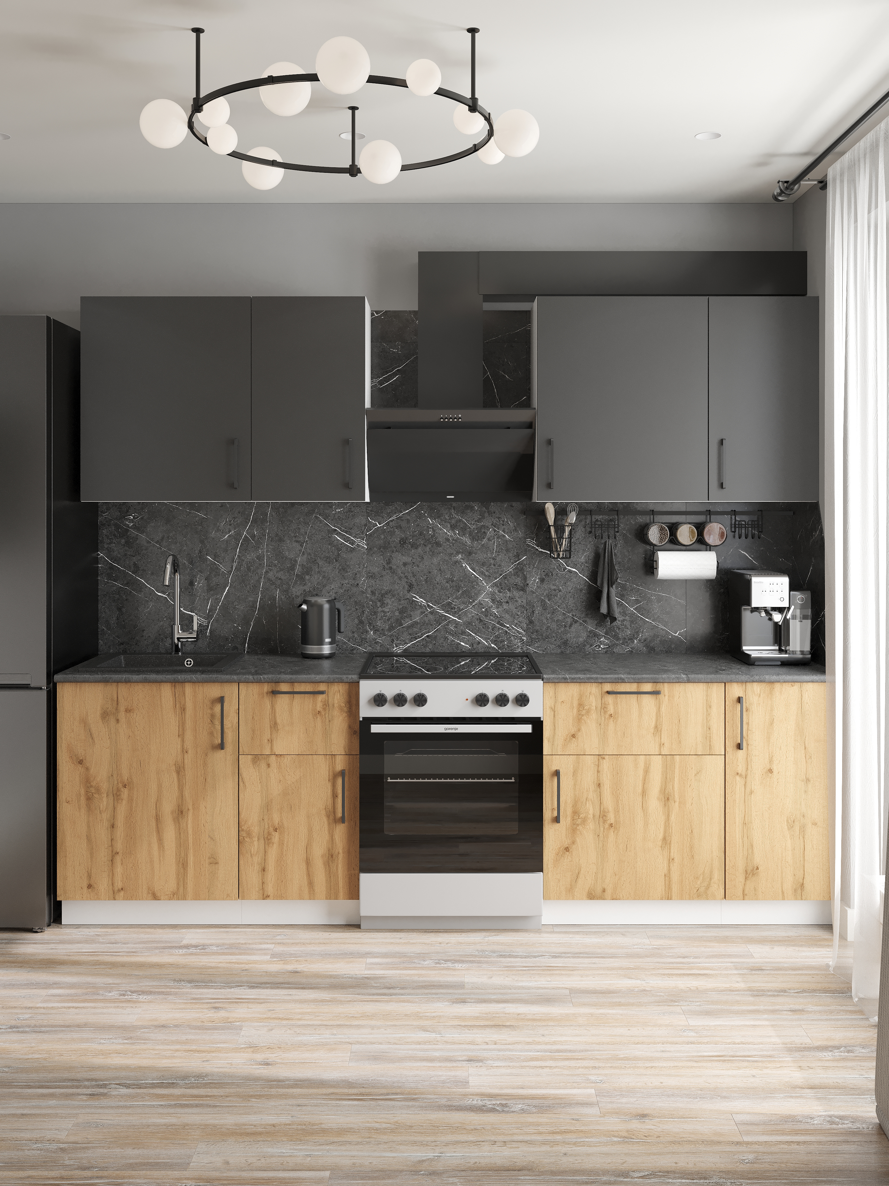 Кухонный гарнитур Domaci Болонья 260 см, фасад дуб вотан, графит, ручка черная, столешница луна KUH-709673