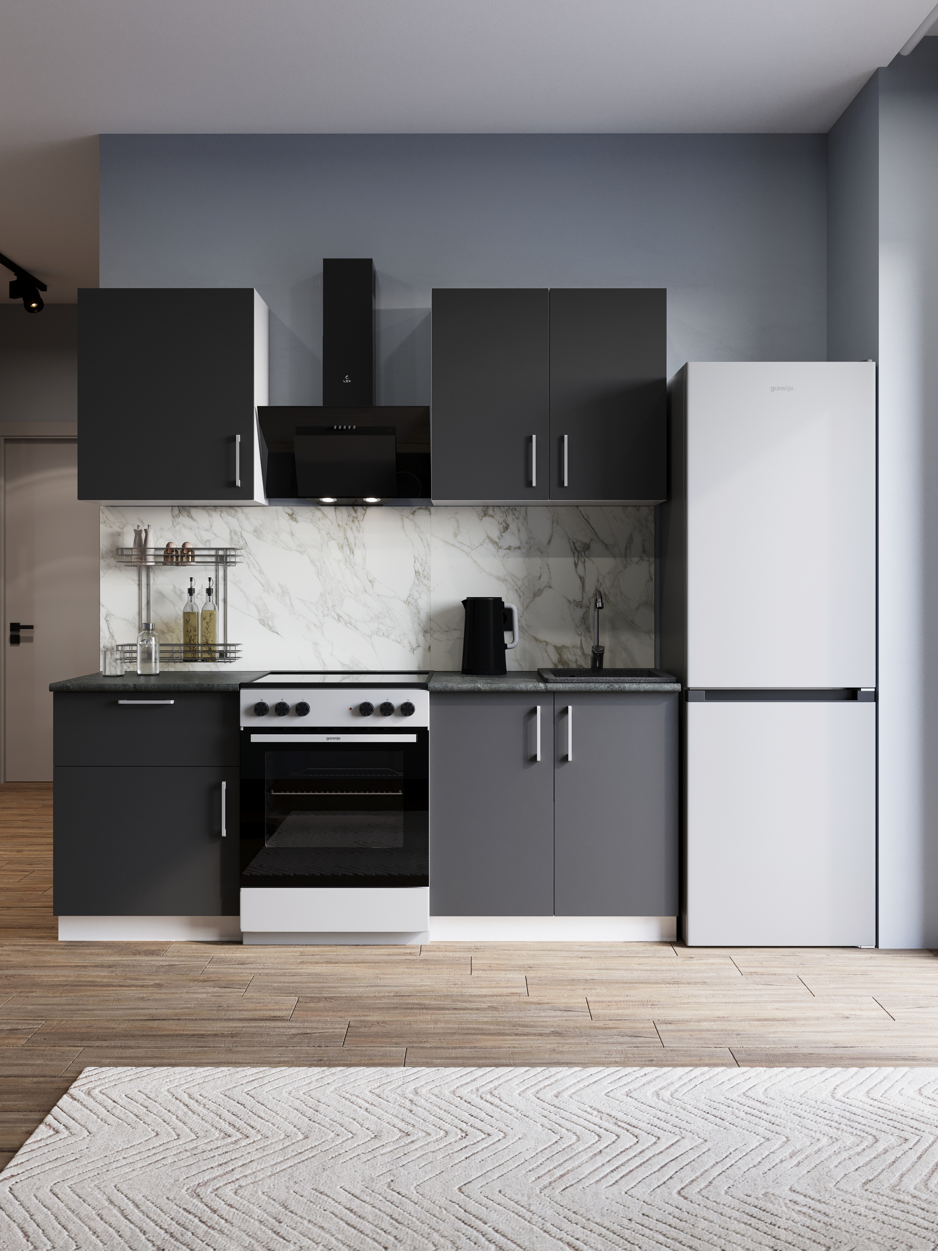 Кухонный гарнитур Domaci Болонья 200 см, фасад графит, ручка хром, столешница луна KUH-708322