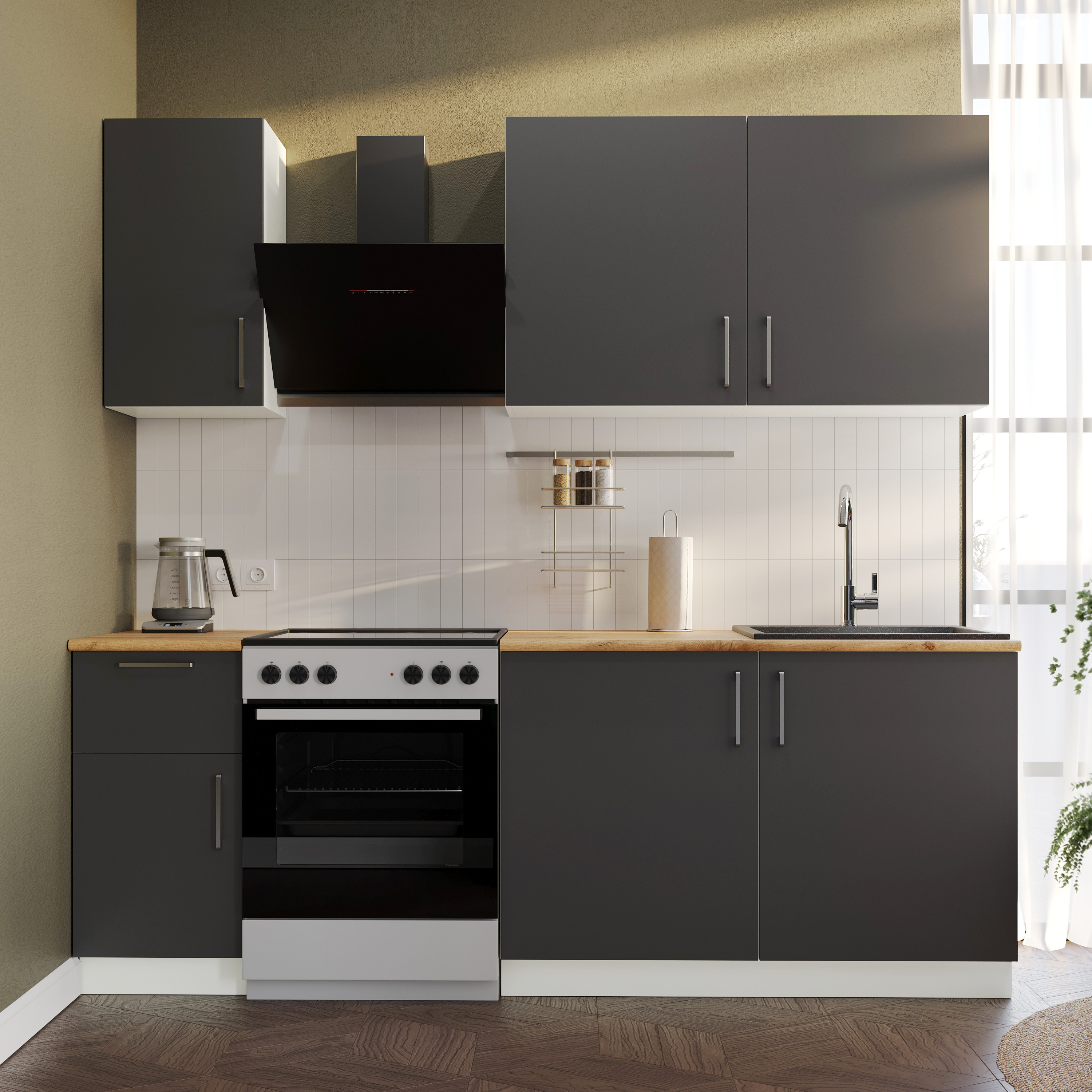 Кухонный гарнитур Domaci Болонья 220 см, фасад графит, ручка хром, столешница дуб вотан KUH-708328