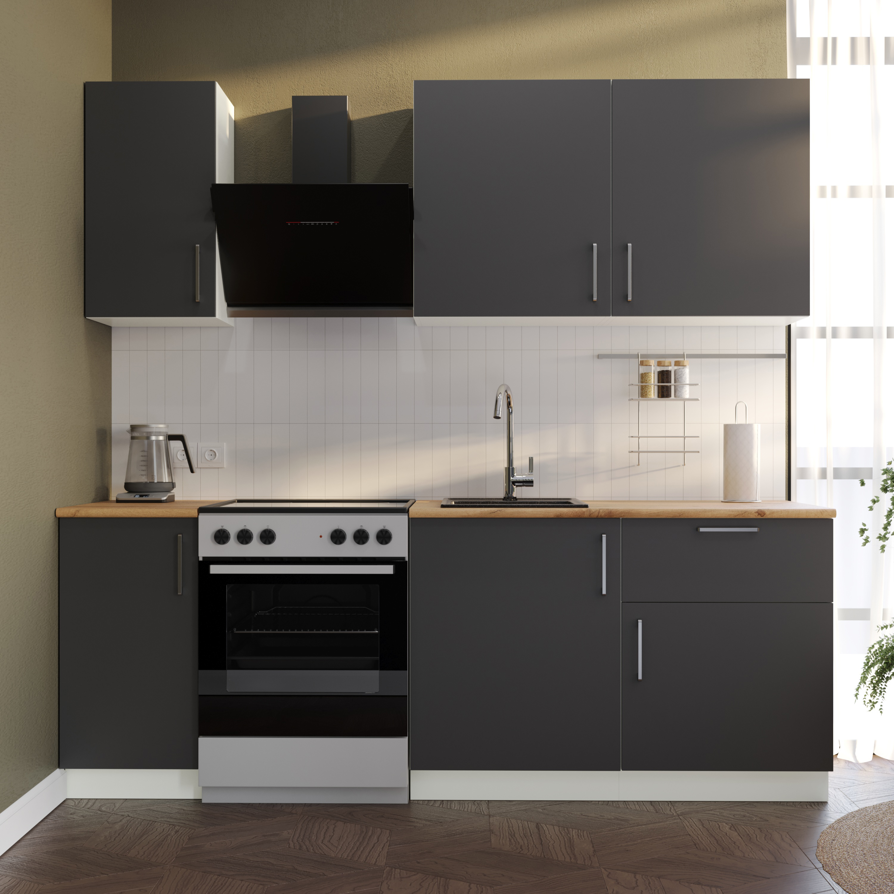 Кухонный гарнитур Domaci Болонья 220 см, фасад графит, ручка хром, столешница дуб вотан KUH-708335