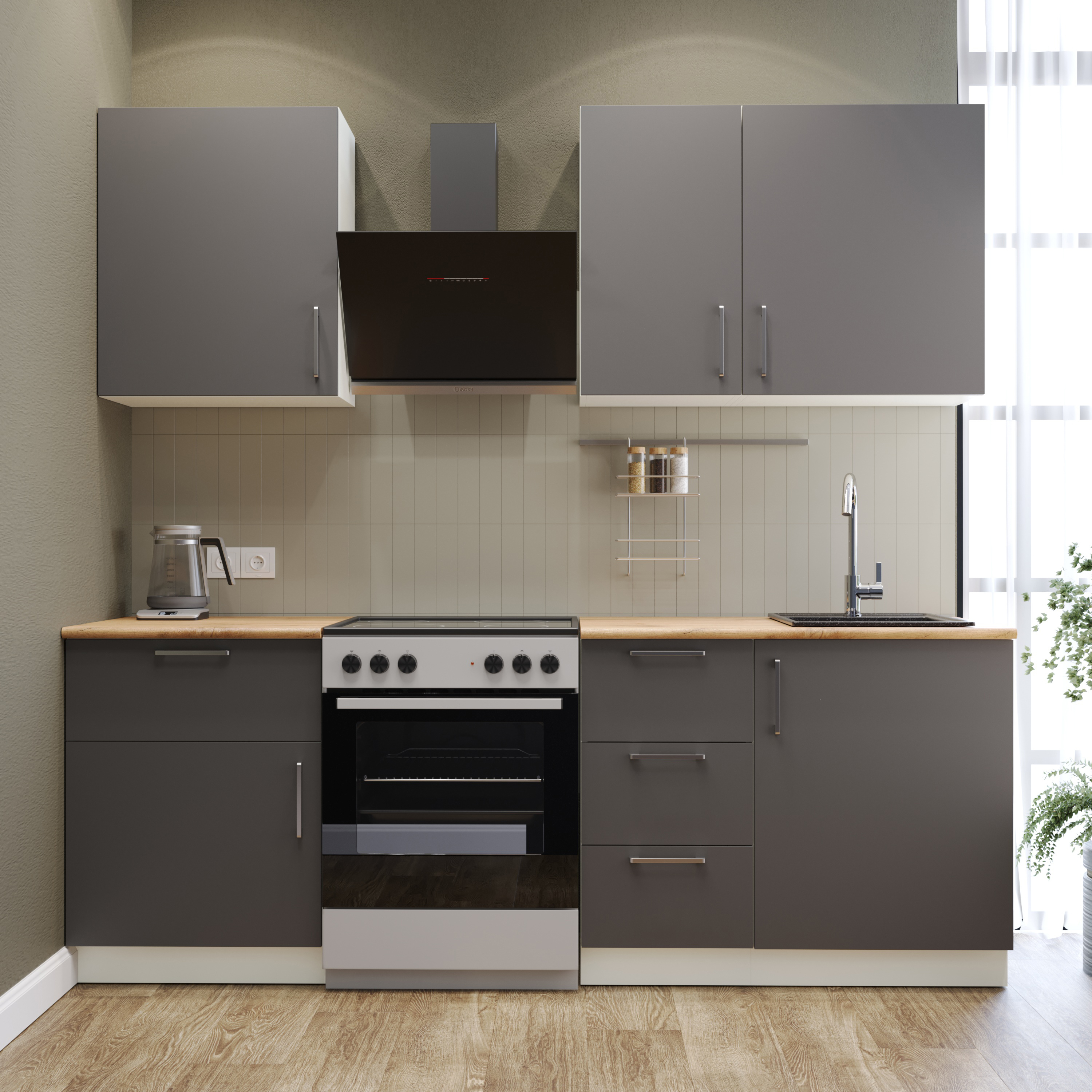 Кухонный гарнитур Domaci Болонья 220 см, фасад графит, ручка хром, столешница дуб вотан KUH-708341